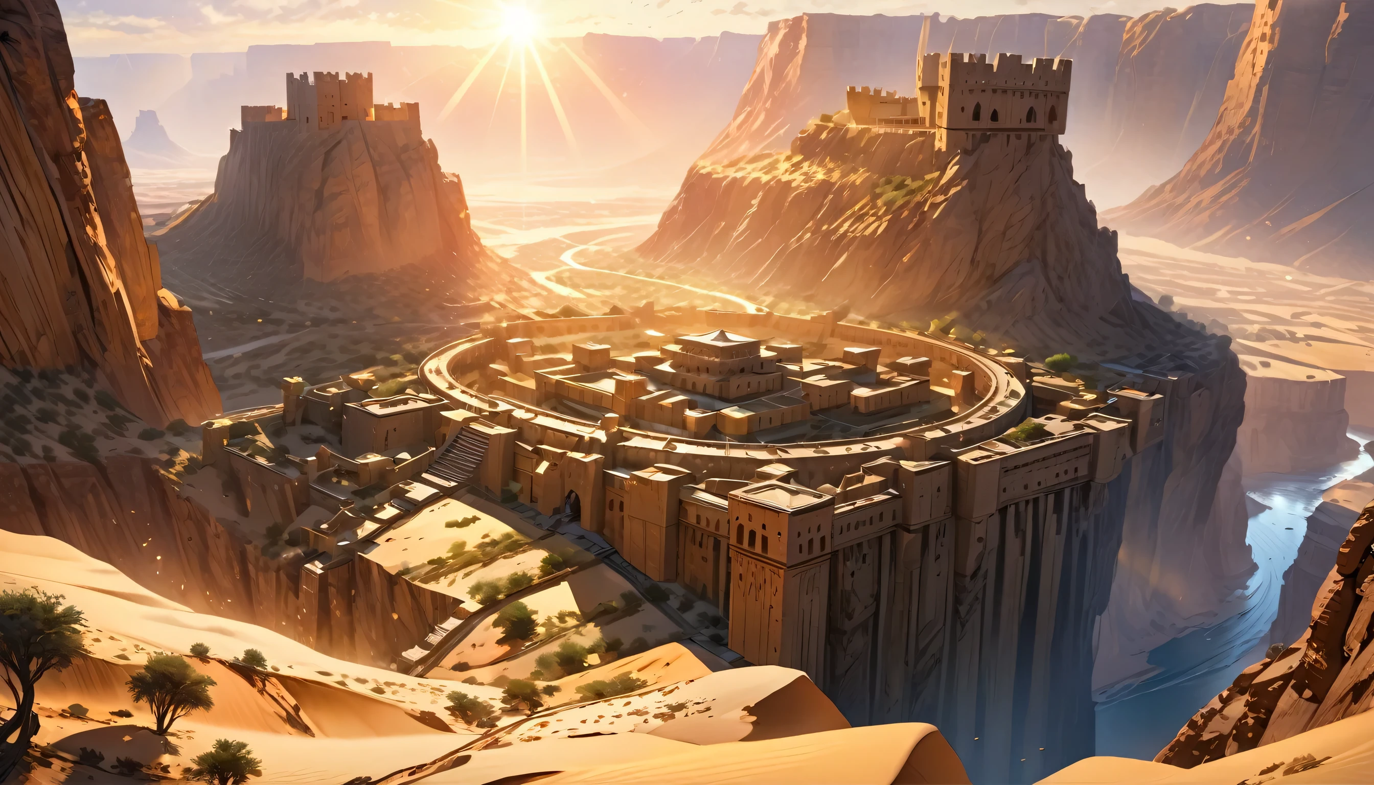 a picture of a fortress built into the cliff a desert, some towers, gate built into the cliff, the fortress is part of the cliff, waterfall in the middle of the fortress, it is sun set, some divine rays and light and shadow reflections, vast desert background, 16K fantasy art, best details, best quality, highres, (ultra wide angle: 1.2), 16k, [ultra detailed], masterpiece, best quality, (extremely detailed)  Hyperrealism style