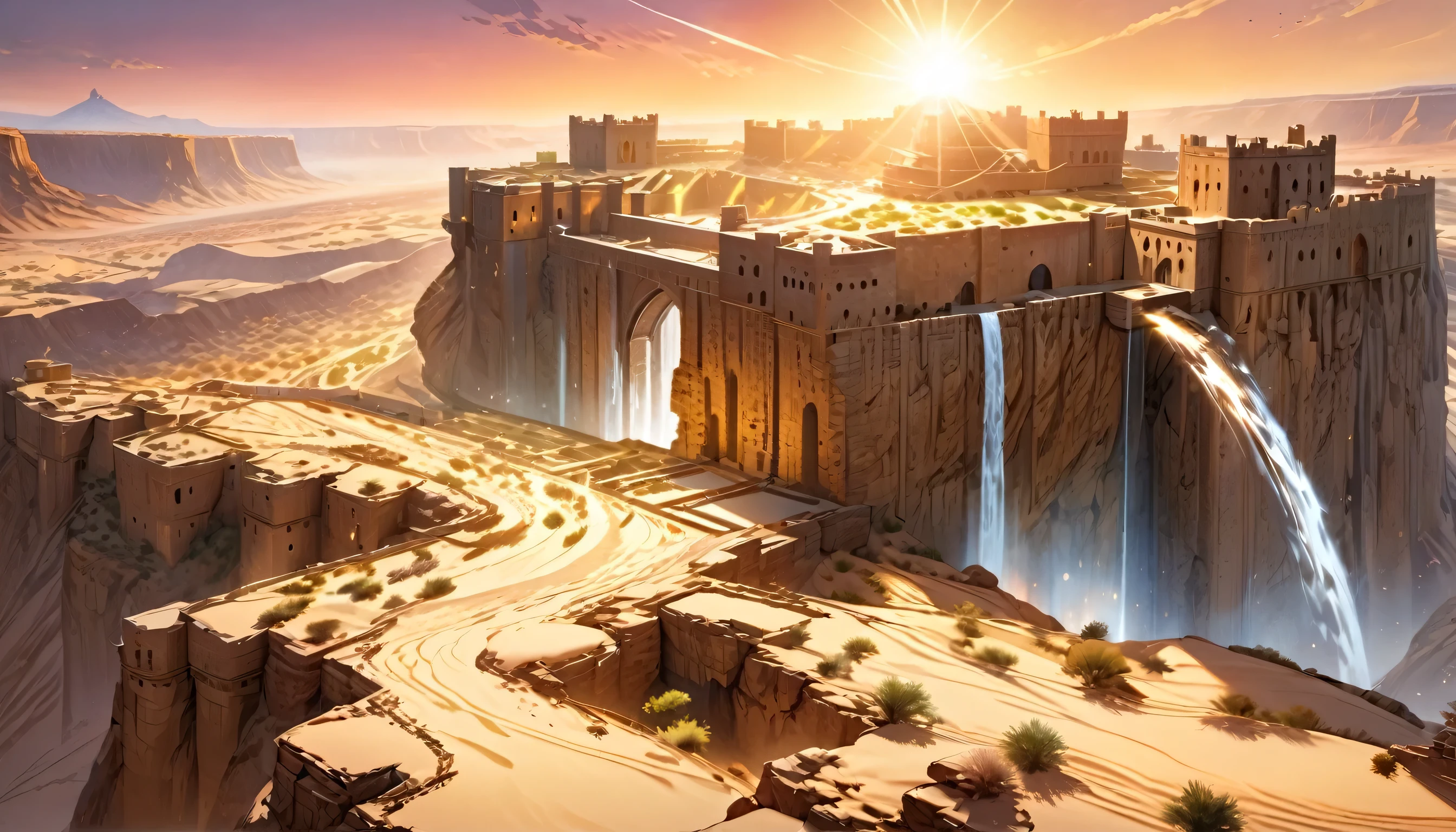 a picture of a fortress built into the cliff a desert, some towers, gate built into the cliff, the fortress is part of the cliff, waterfall in the middle of the fortress, it is sun set, some divine rays and light and shadow reflections, vast desert background, 16K fantasy art, best details, best quality, highres, (ultra wide angle: 1.2), 16k, [ultra detailed], masterpiece, best quality, (extremely detailed)  Hyperrealism style