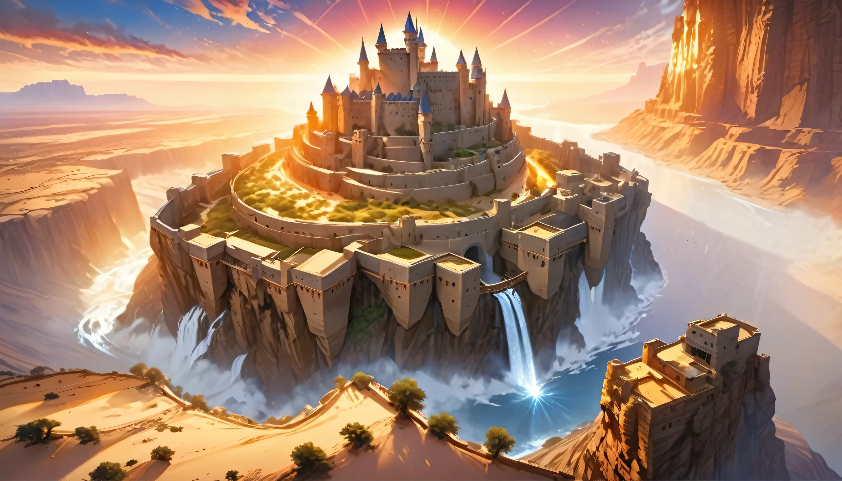 a picture of a fortress built into the cliff a desert, some towers, gate built into the cliff, the fortress is part of the cliff, waterfall in the middle of the fortress, it is sun set, some divine rays and light and shadow reflections, vast desert background, 16K fantasy art, best details, best quality, highres, (ultra wide angle: 1.2), 16k, [ultra detailed], masterpiece, best quality, (extremely detailed)  Hyperrealism style