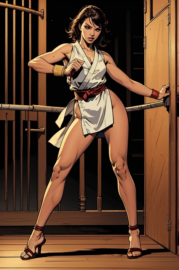 (Masterpiece, best quality, intricate details, 1sologirl) iron collar, arms behind back, iron cuffs, shackles, bound ((standing by wooden pole:1.2)) looking from above fullbody toe to head, happy closed mouth red cheeks ((Pirotes Dark elf skin))
