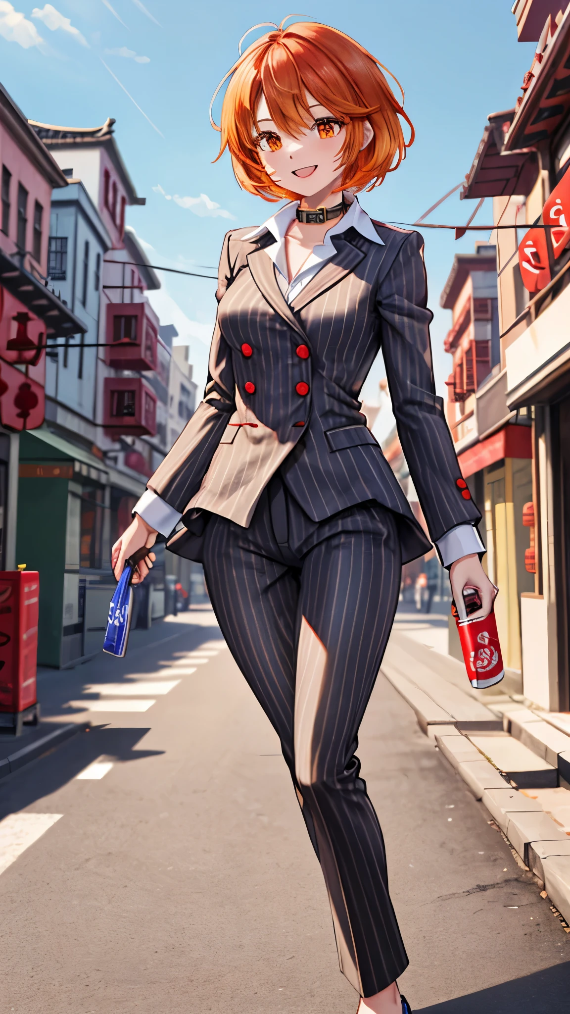 （（super high quality,））（（Ultra-high resolution,））（16K,）（super masterpiece,）（（Ultra HD ,））（Detailed shading,）One Woman,Short orange hair with bouncy tips,Black vertical striped suit and pants,Tight collar white shirt,Even the third button is undone.,The wind makes the collar stand up,Open your legs a little,happy,Chinatown during the day,