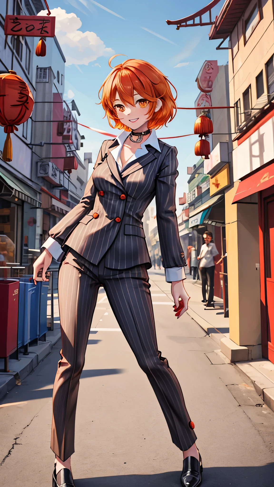 （（super high quality,））（（Ultra-high resolution,））（16K,）（super masterpiece,）（（Ultra HD ,））（Detailed shading,）One Woman,Short orange hair with bouncy tips,Black vertical striped suit and pants,Tight collar white shirt,Even the third button is undone.,The wind makes the collar stand up,Open your legs a little,happy,Chinatown during the day,