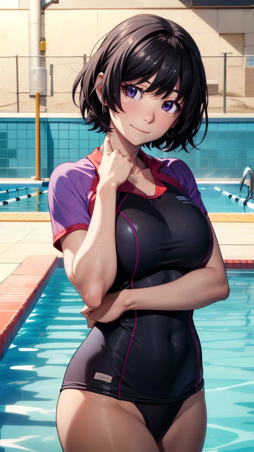 anime、animeスタイル、anime塗り、masterpiece、Highest quality、High resolution、detailed、One Girl、alone、Gazing at the audience、Big Tits、smile、Hanekawa 01、short hair、Glowing Skin:1.5、big 、Thighs、Black Hair、School swimming pool、School Swimsuit、hair ornaments、Purple eyes、Valletta、Cowboy Shot、alone