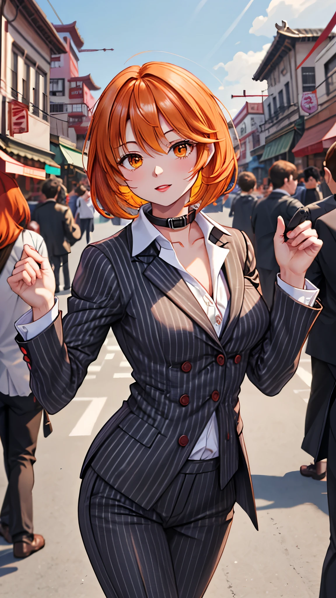 （（super high quality,））（（Ultra-high resolution,））（16K,）（super masterpiece,）（（Ultra HD ,））（Detailed shading,）Upper body photo,One Woman,Short orange hair with bouncy tips,Black vertical striped suit and pants,Tight collar white shirt,Even the third button is undone.,The wind makes the collar stand up,Open your legs a little,Spread your hands,fun,Chinatown during the day,