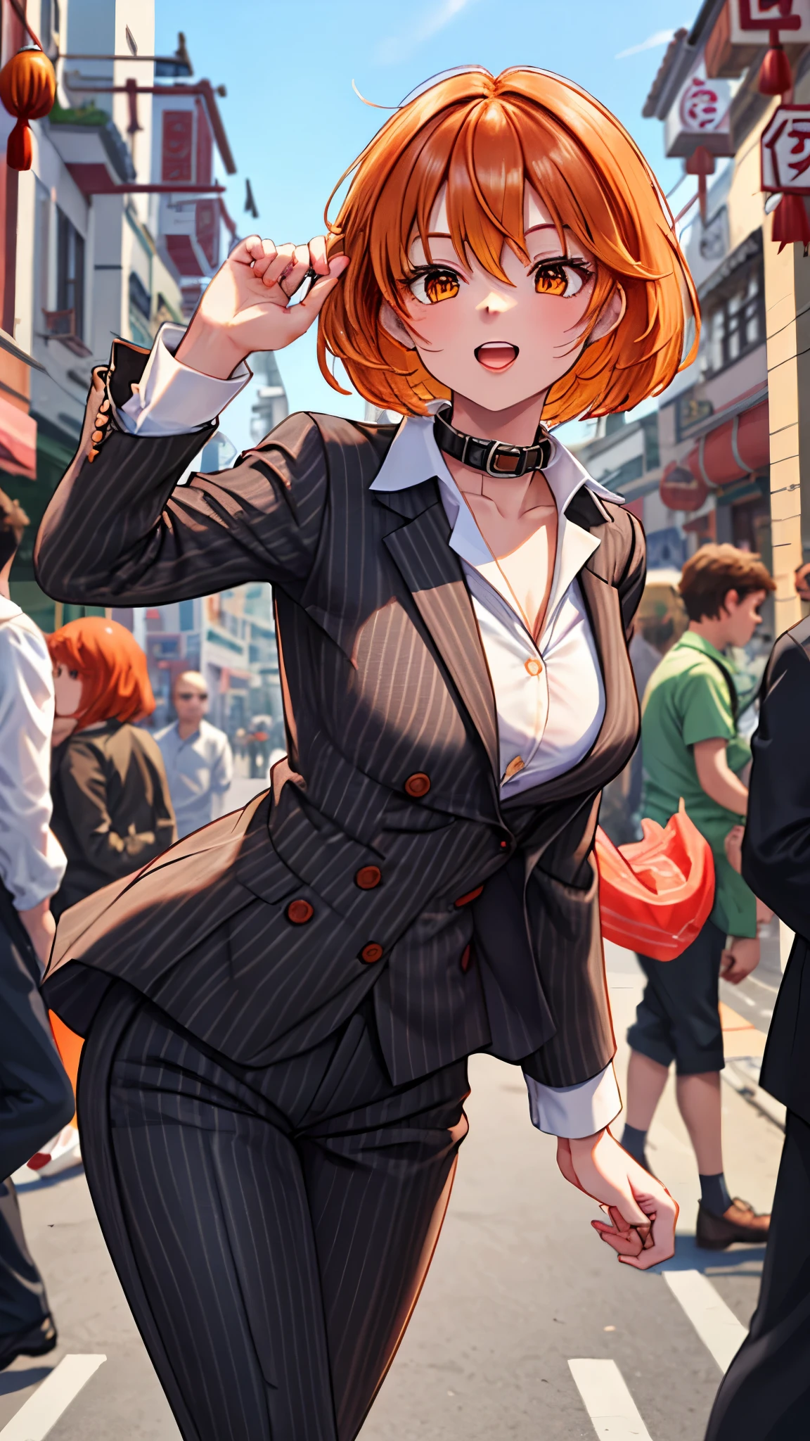 （（super high quality,））（（Ultra-high resolution,））（16K,）（super masterpiece,）（（Ultra HD ,））（Detailed shading,）Upper body photo,One Woman,Short orange hair with bouncy tips,Black vertical striped suit and pants,Tight collar white shirt,Even the third button is undone.,The wind makes the collar stand up,Open your legs a little,Spread your hands,fun,Chinatown during the day,