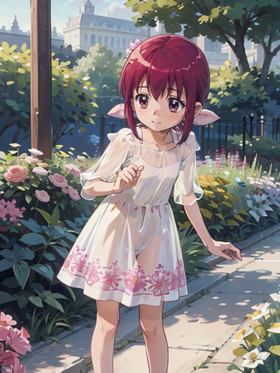 Realistic Skin, Ecstasy, Very short stature，Very thin thighs，，Small child:1.3，((Fully transparent:1.3) Sheer floral casual dress)，naked，outside，Late summer park garden，