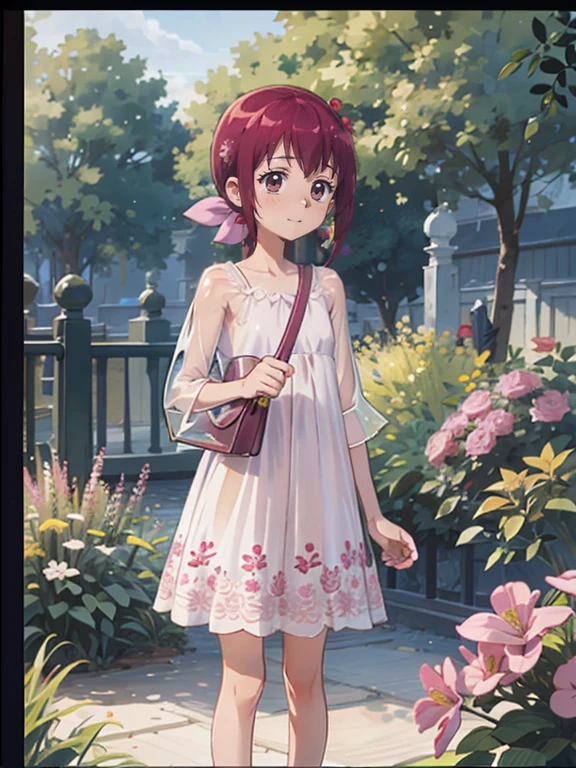 Realistic Skin, Ecstasy, Very short stature，Very thin thighs，，Small child:1.3，((Fully transparent:1.3) Sheer floral casual dress)，naked，outside，Late summer park garden，