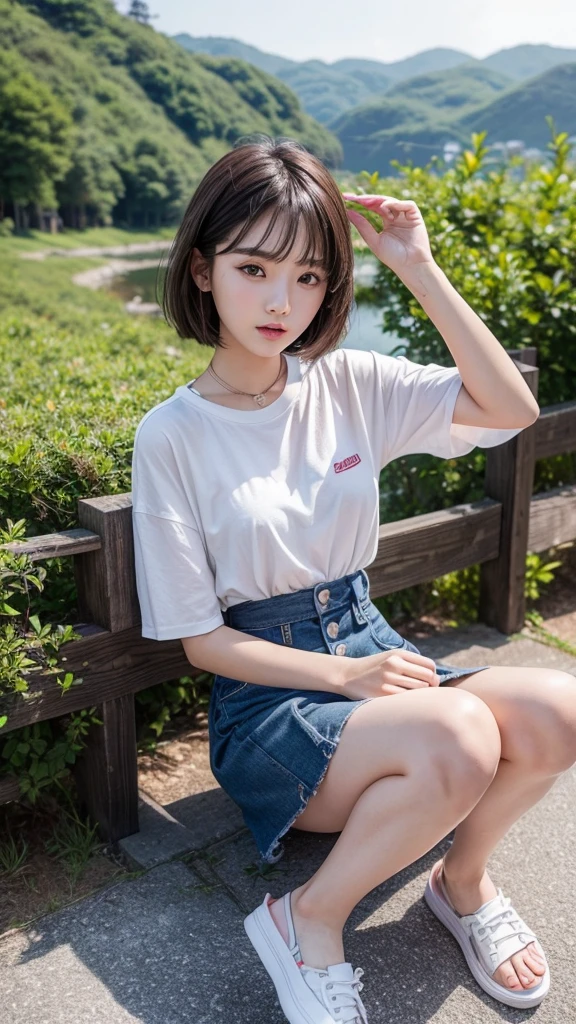 1 girl , (twin tails) eyes are brown, table top, highest quality,(be familiar with),pink shirt,nipple,open your arms,((denim skirt))pink panties((sneakers,Loose socks)),(((Sit on the steps of the station)))、(thin:1),sexual, from the front,whole body