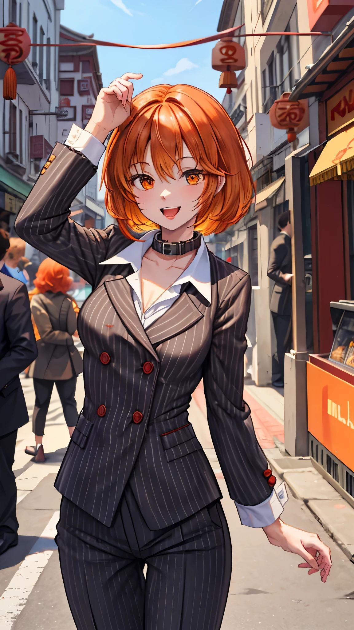 （（super high quality,））（（Ultra-high resolution,））（16K,）（super masterpiece,）（（Ultra HD ,））（Detailed shading,）Upper body photo,One Woman,Short orange hair with bouncy tips,Black vertical striped suit and pants,Tight collar white shirt,Even the third button is undone.,The wind makes the collar stand up,Open your legs a little,Spread your hands,happy,Chinatown during the day,