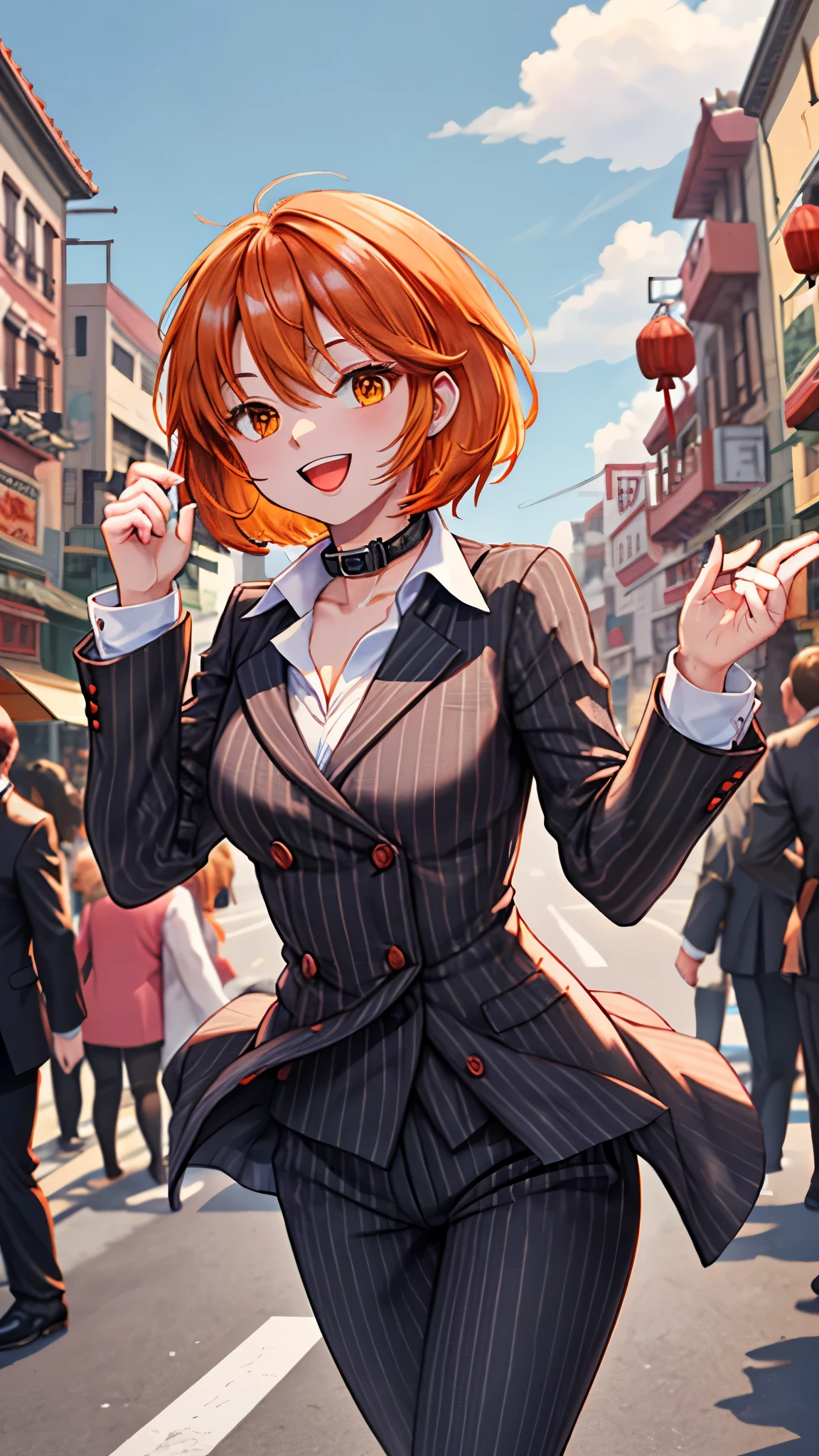 （（super high quality,））（（Ultra-high resolution,））（16K,）（super masterpiece,）（（Ultra HD ,））（Detailed shading,）Upper body photo,One Woman,Short orange hair with bouncy tips,Black vertical striped suit and pants,Tight collar white shirt,Even the third button is undone.,The wind makes the collar stand up,Open your legs a little,Spread your hands,happy,Chinatown during the day,