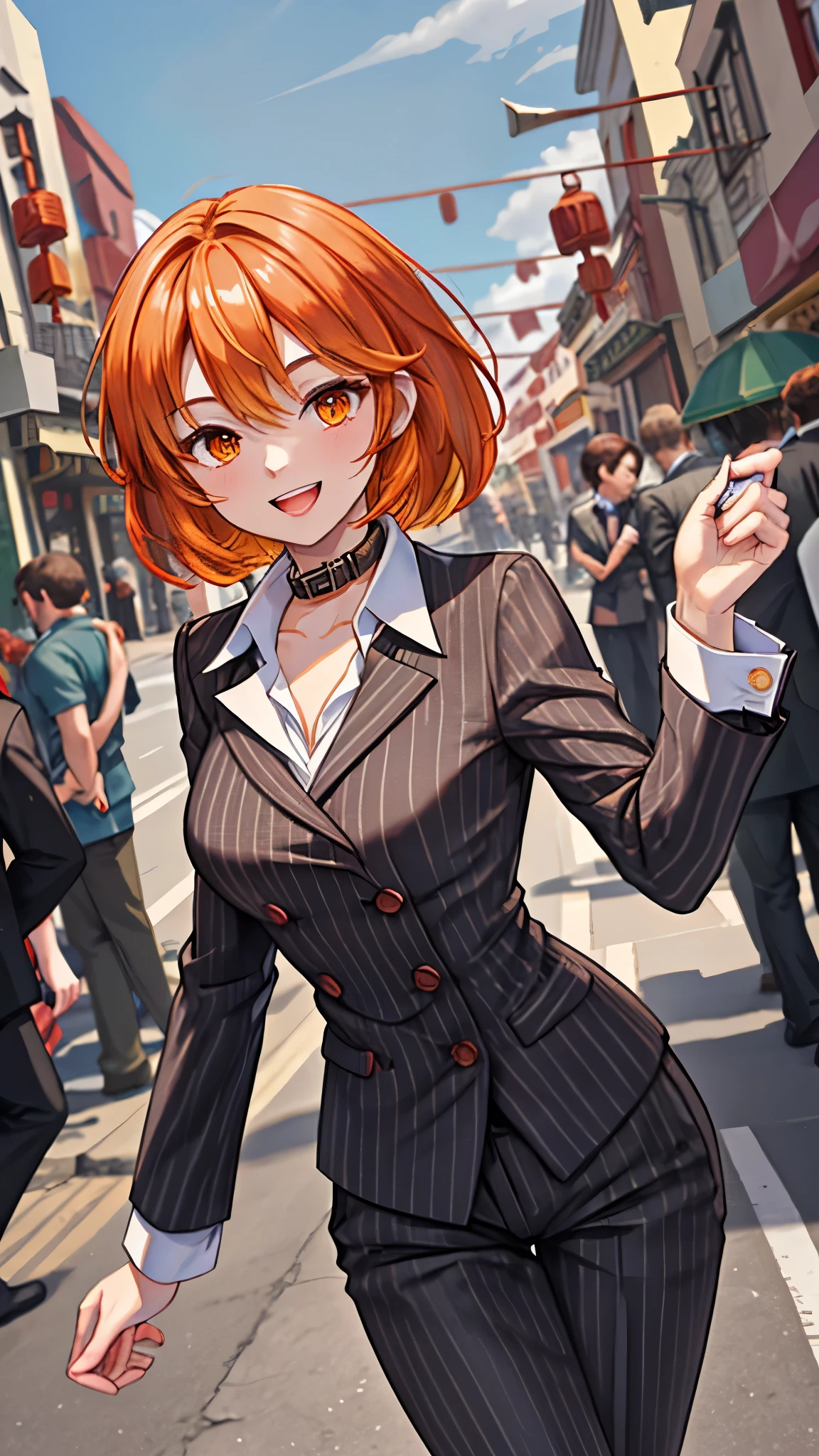 （（super high quality,））（（Ultra-high resolution,））（16K,）（super masterpiece,）（（Ultra HD ,））（Detailed shading,）Upper body photo,One Woman,Short orange hair with bouncy tips,Black vertical striped suit and pants,Tight collar white shirt,Even the third button is undone.,The wind makes the collar stand up,Open your legs a little,Spread your hands,happy,Chinatown during the day,