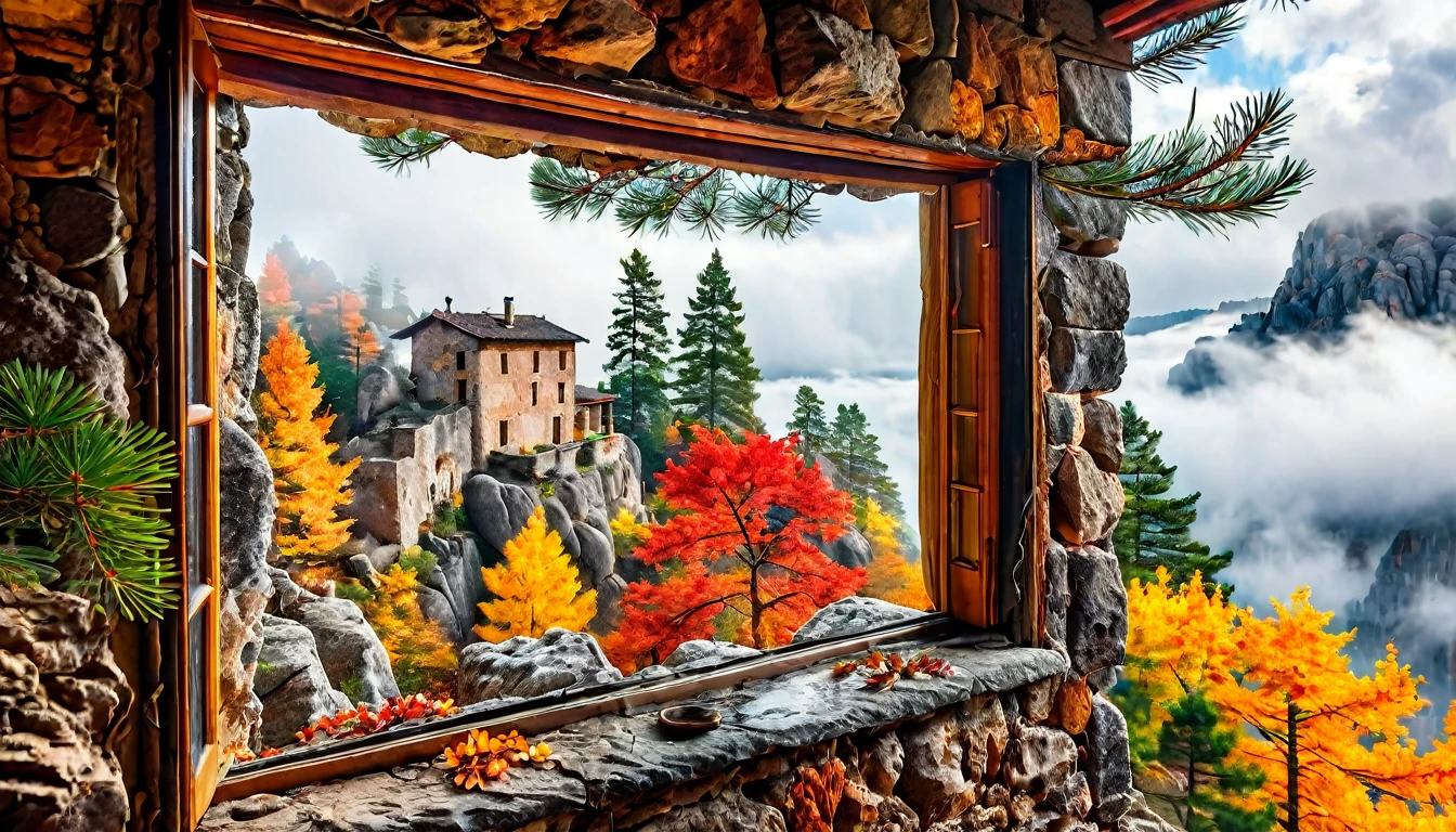 In the window of an old house, there is a view outside with many towering rocks surrounded by clouds and mist. The pine tree next to it has colorful leaves on its branches. In autumn, warm sunlight shines through the cracks of broken walls onto them. This scene was captured, presenting stunning scenery with ultrahigh resolution and high details. It's a masterpiece that shows the best quality of photography in the style of Canon cameras.