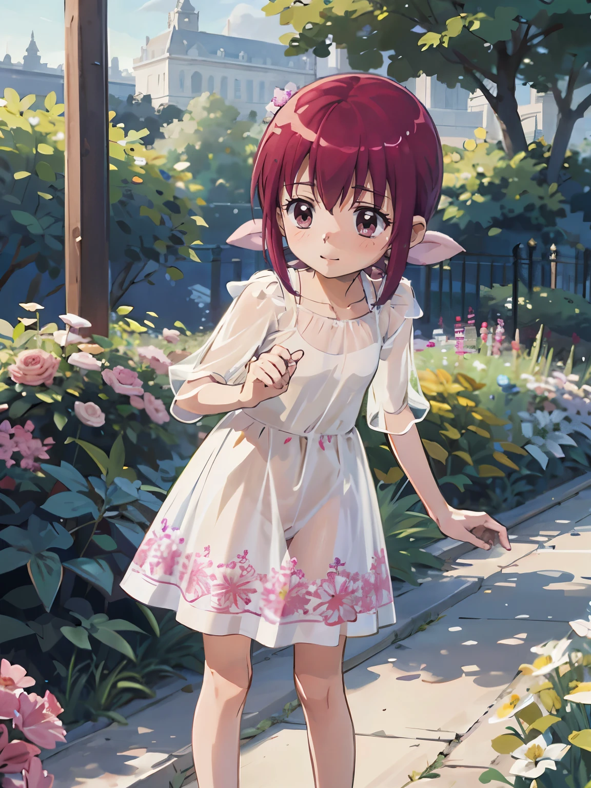 Realistic Skin, Ecstasy, Very short stature，Very thin thighs，，Small child:1.3，((Fully transparent:1.3) Sheer floral casual dress)，naked，outside，Late summer park garden，