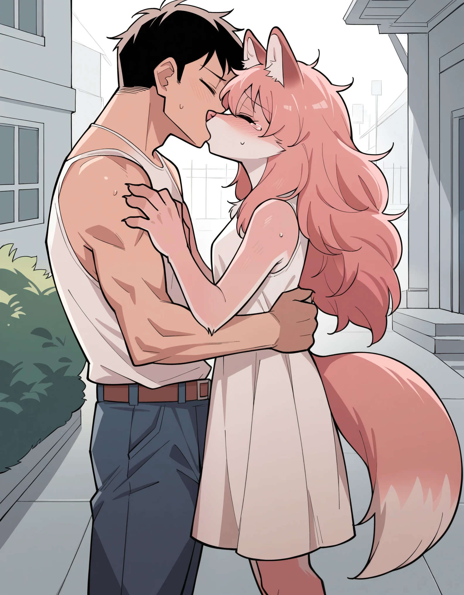 Score_9, score_8_up, solo, Anthro, furchan, pink furry body, pink hair, closed eyes, pink nose, animal ears, tail, tall and slender body, standing, indoors, wearing sleeveless white dress, she is tearing up, kissing, she is kissing a handsome human male, she is embracing human male, outdoors, side view, human male is wearing school clothes