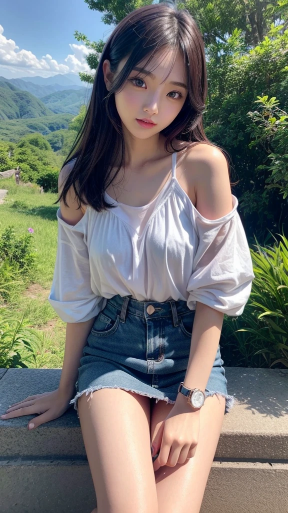 8K,Japanese,,Childish,innocent face,innocent look,age girl,cute,spring-like clothes,Spring weather,everyday wear,black hair,riverbed park,sitting, spread leg ,thighs,Decolletage full body