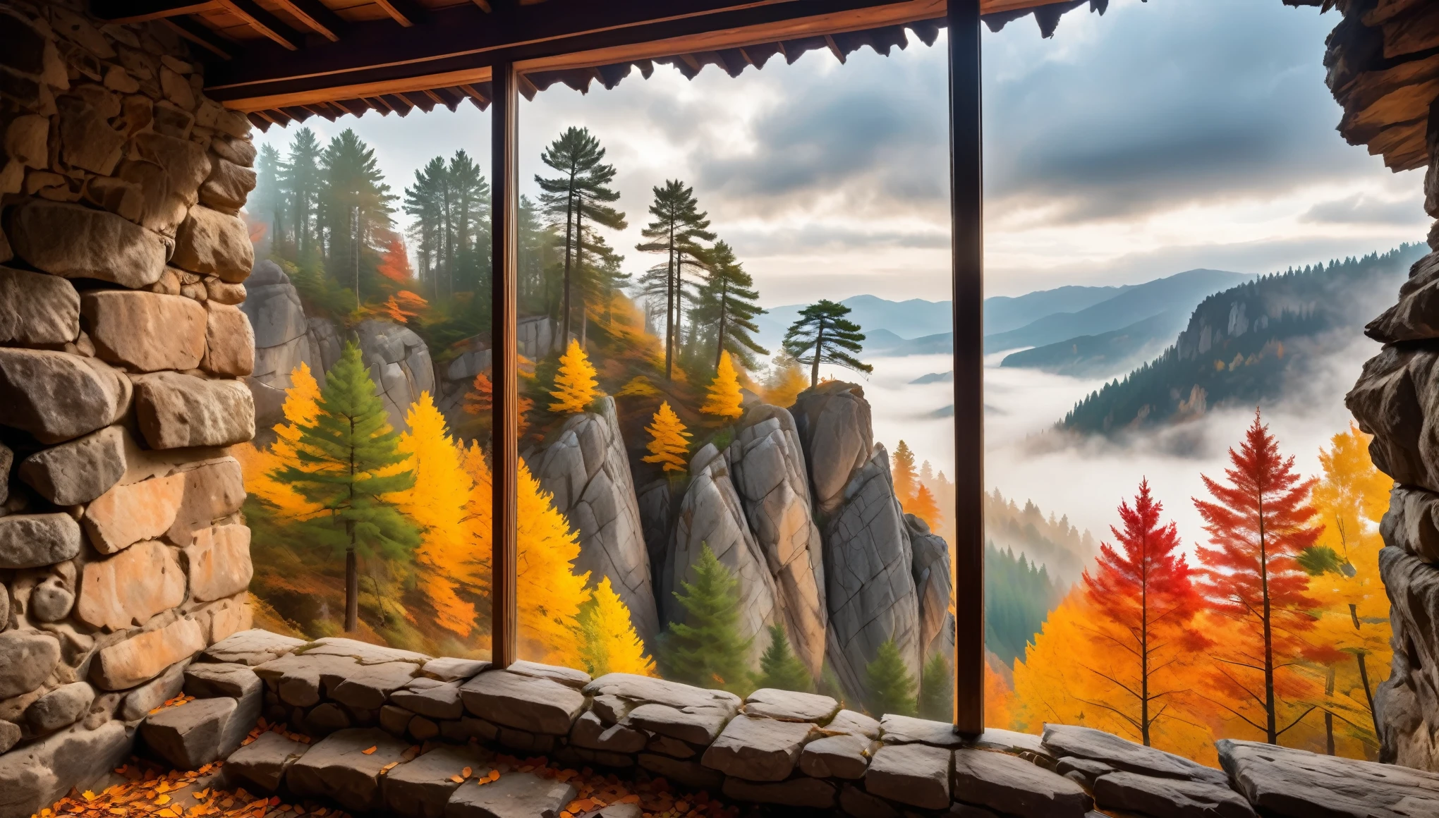 In the window of an old house, there is a view outside with many towering rocks surrounded by clouds and mist. The pine tree next to it has colorful leaves on its branches. In autumn, warm sunlight shines through the cracks of broken walls onto them. This scene was captured, presenting stunning scenery with ultrahigh resolution and high details. It's a masterpiece that shows the best quality of photography in the style of Canon cameras.