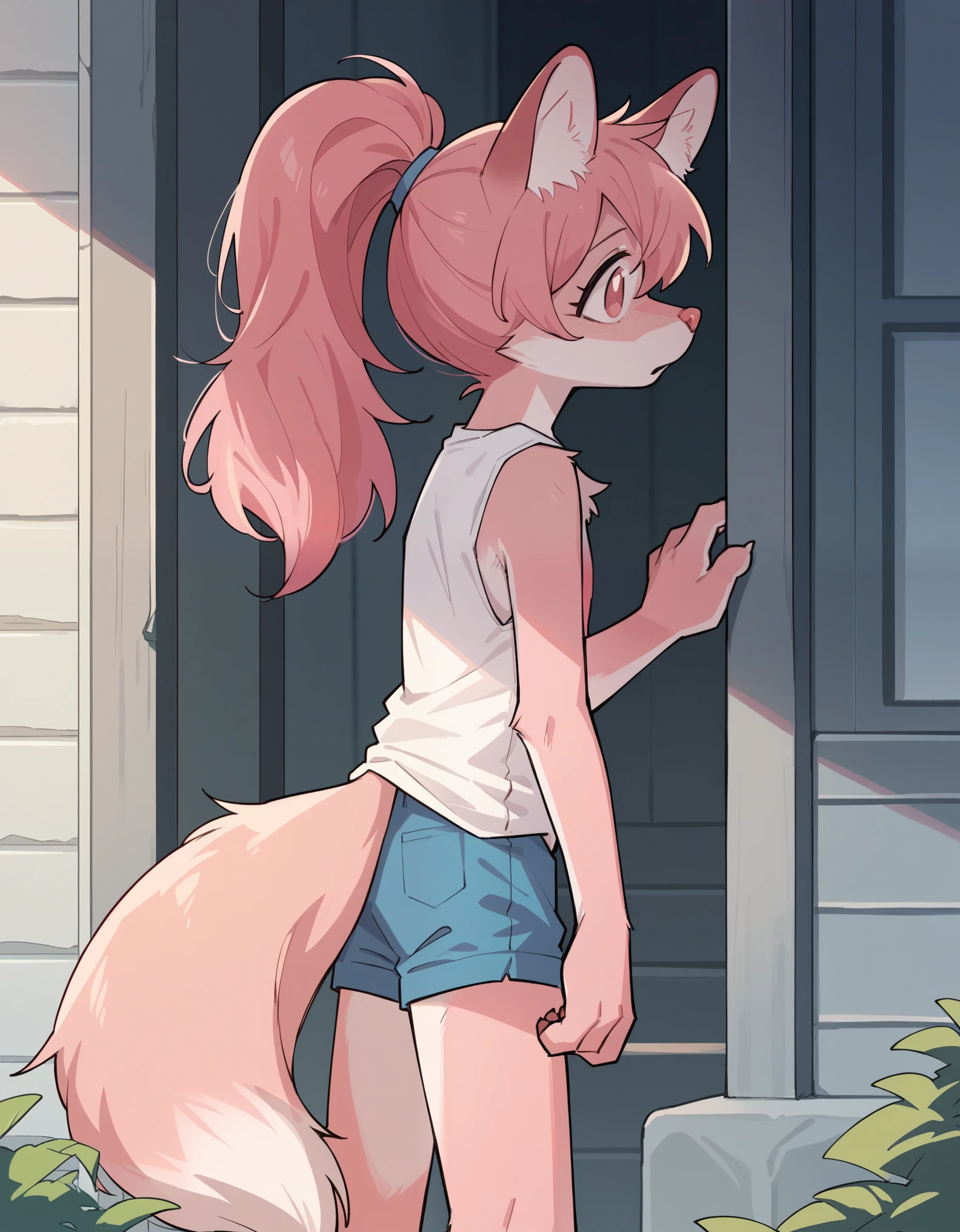 Score_9, score_8_up, solo, Anthro, furchan, pink furry body, pink hair, ponytail, pink eyes, pink nose, animal ears, tail, tall and slender body, small chest, standing, indoors, wearing sleeveless white shirt, blue short shorts, outdoors,