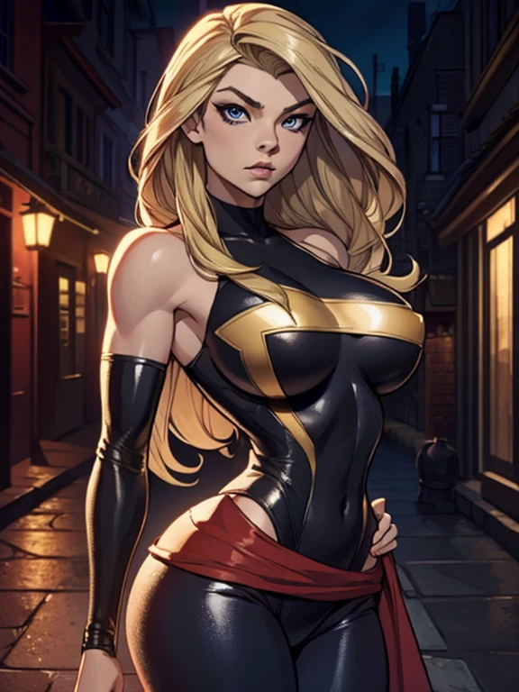 Natalie Dormer as Ms. Marvel standing in front of a dark street, long blonde hair, beautiful detailed eyes, beautiful detailed lips, round breasts, wide hips,