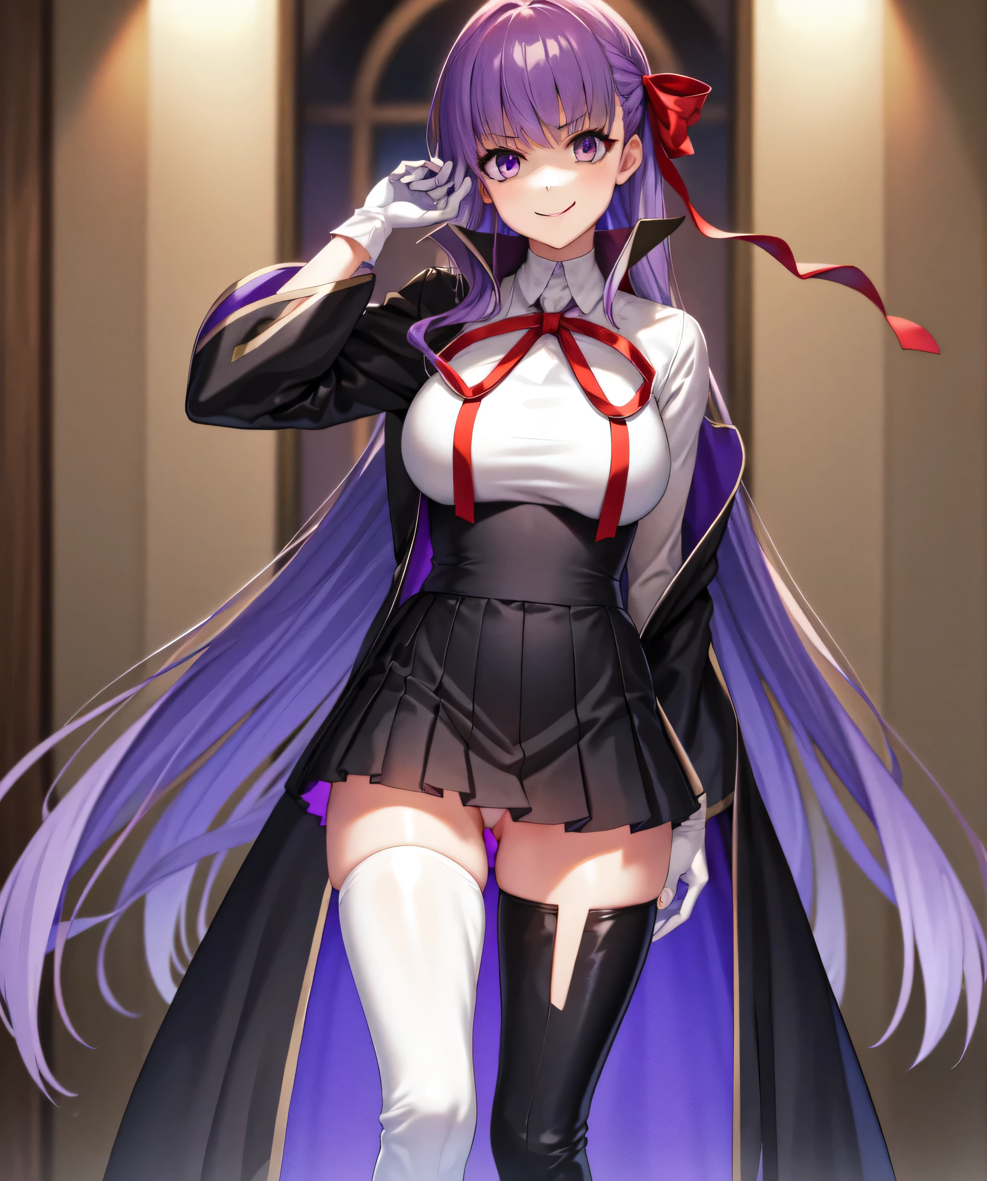  Isoscale, Mid Shot,  night, ,,, Purple Hair, Black jacket, White shirt, Black Skirt, Red ribbon, Big Breasts, Purple eyes, White gloves, Long Hair, Large collar, Wicked Smile,,shiny thigh high boots,(Wicked Smile:1.3),Highly detailed CG Unity 8k wallpaper, Perfect lighting,,Looking down at the viewer,,Anxious smile,Deep Dark World Background,Dark shadowed face(Eyes in the shadows),solo,Yandere,latex,masterpiece, Highest quality, High resolution, One person,View your viewers,look down,,Embodiment of evil,two hands,Two legs,five fingers,ruins,purple aura,beautiful body,beautiful hands,beautiful face,beautiful fingers,beautiful legs,perfect body,perfect hands,perfect legs,perfect fingers,perfect hair,purple lightning,Dark atmosphere,