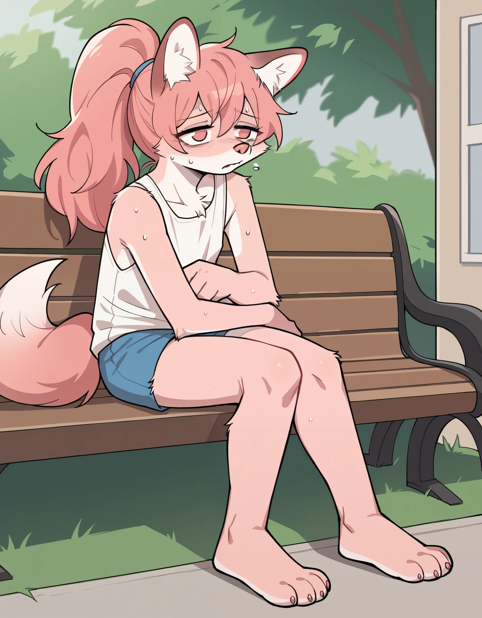 Score_9, score_8_up, solo, Anthro, furchan, pink furry body, pink hair, ponytail,  pink eyes, pink nose, animal ears, tail, tall and slender body, small chest, standing, indoors, wearing sleeveless white shirt, blue short shorts, outdoors, sitting alone, on a bench, legs crossed, she is sweaty, tired expression, barefoot