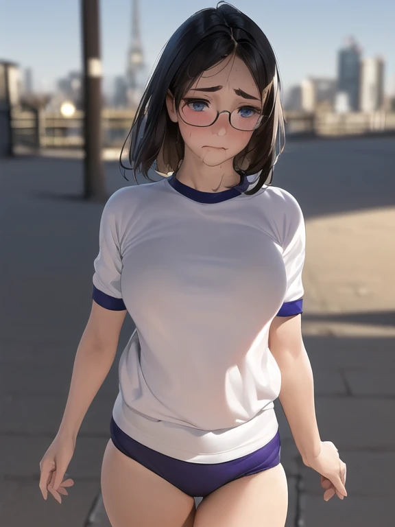 (masterpiece:1.2,Highest quality,Ultra-high resolution,Very detailed:1.2),(Best illustrations),8k,wallpaper,(Very ***********),(Young Japanese girl),Very short stature，Very thin thighs，(Walking outside shyly:1.6),((Small white gym uniform for students)),((小さなネイビーブルーのBloomers)),break(Big Breasts:1.2),(Very thin thighs:1.2),(Beautiful Face,Detailed face，Baby Face，Glasses，Beautiful Eyes,Beautiful Eyes,Beautiful Skin,Skin Texture:1.3,Long eyelashes,Big eyes),(Sensual),(functional),(Embarrassed face:1.6),break(Japanese_Bloomers),(Cowboy Shot:1.6),(front:1.6),(The background is the city:1.6),(Blurred Background:1.6)，Bruises and gestures，Highly dynamic poses，