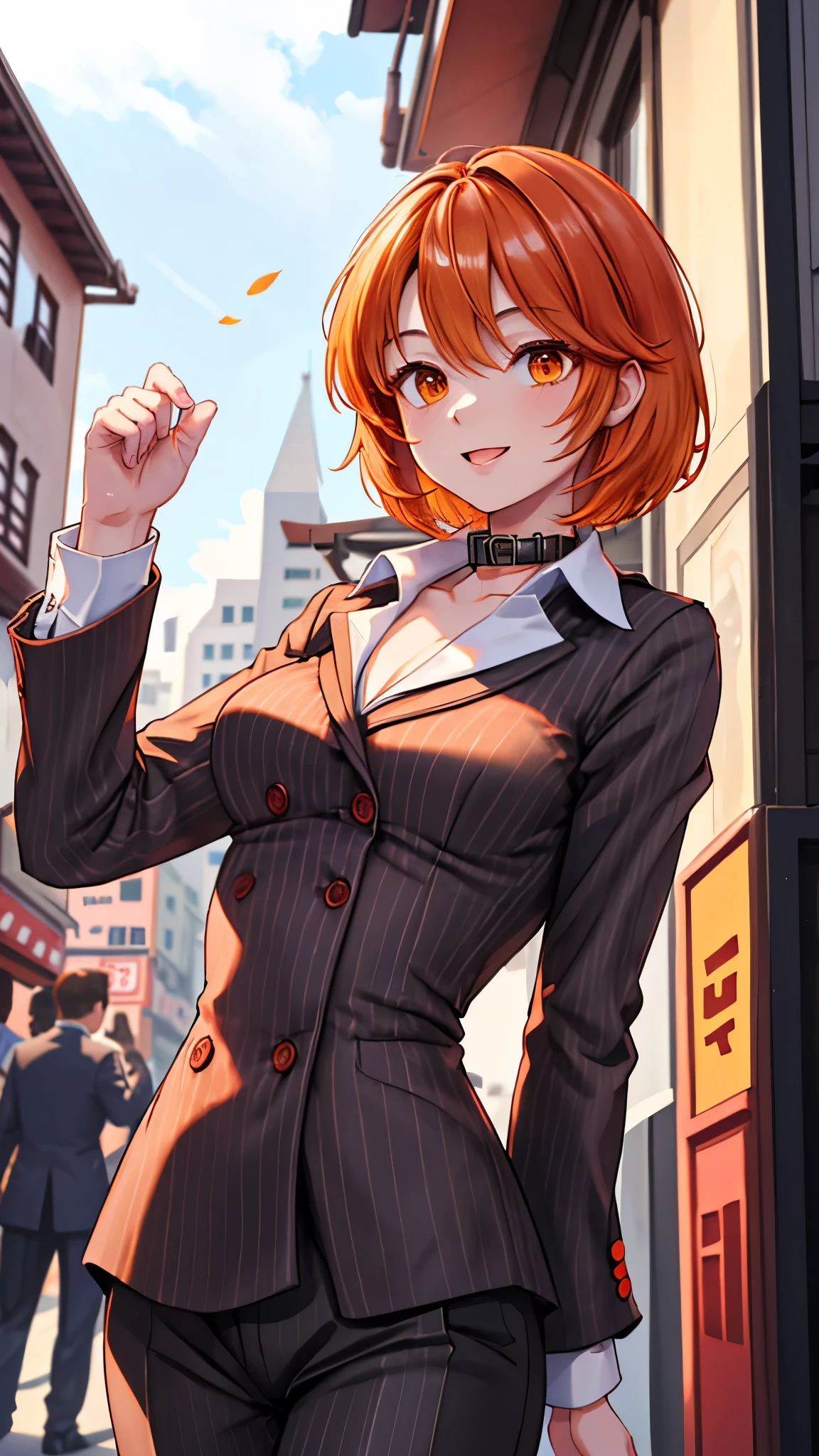 （（super high quality,））（（Ultra-high resolution,））（16K,）（super masterpiece,）（（Ultra HD ,））（Detailed shading,）Shooting from below,Upper body photo,One Woman,Short orange hair with bouncy tips,Black vertical striped suit and pants,Tight collar white shirt,Even the third button is undone.,The wind makes the collar stand up,Open your legs a little,Spread your hands,happy,Chinatown during the day,