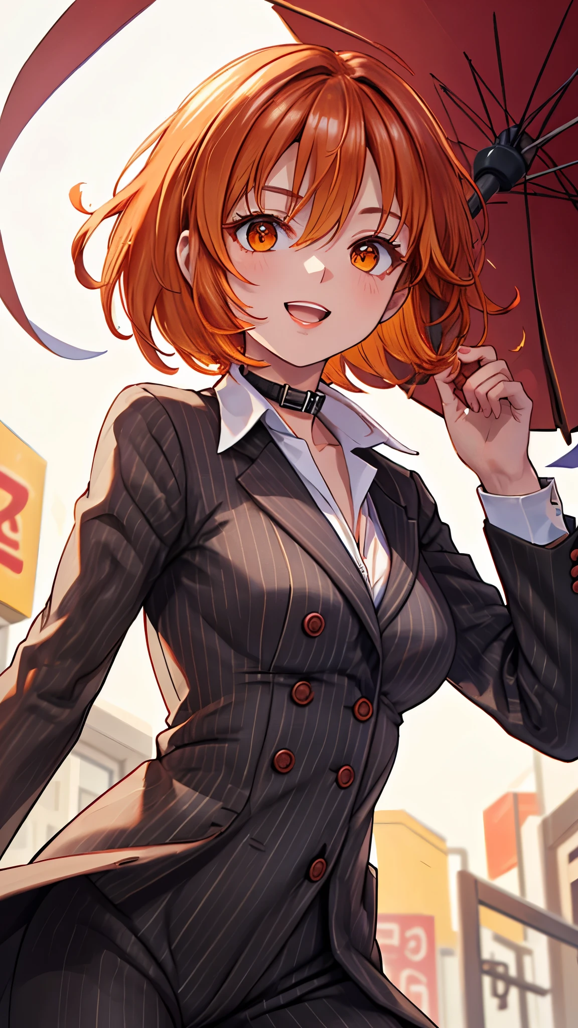 （（super high quality,））（（Ultra-high resolution,））（16K,）（super masterpiece,）（（Ultra HD ,））（Detailed shading,）Shooting from below,Upper body photo,One Woman,Short orange hair with bouncy tips,Black vertical striped suit and pants,Tight collar white shirt,Even the third button is undone.,The wind makes the collar stand up,Open your legs a little,Spread your hands,happy,Chinatown during the day,