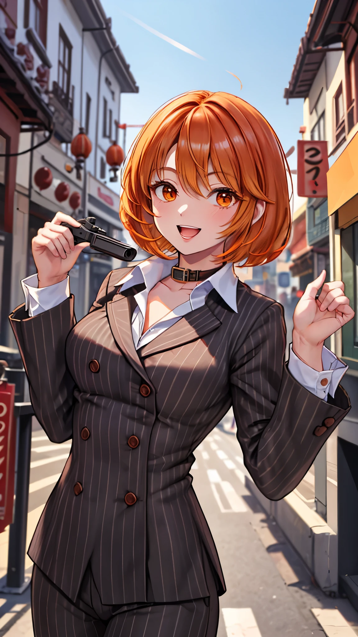 （（super high quality,））（（Ultra-high resolution,））（16K,）（super masterpiece,）（（Ultra HD ,））（Detailed shading,）Shooting from below,Upper body photo,One Woman,Short orange hair with bouncy tips,Black vertical striped suit and pants,Tight collar white shirt,Even the third button is undone.,The wind makes the collar stand up,Open your legs a little,Spread your hands,happy,Chinatown during the day,