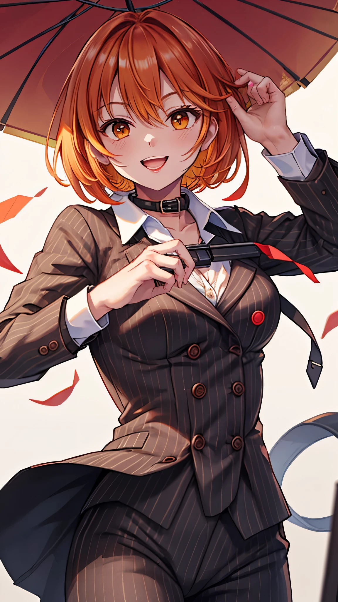 （（super high quality,））（（Ultra-high resolution,））（16K,）（super masterpiece,）（（Ultra HD ,））（Detailed shading,）Shooting from below,Upper body photo,One Woman,Short orange hair with bouncy tips,Black vertical striped suit and pants,Tight collar white shirt,Even the third button is undone.,The wind makes the collar stand up,Open your legs a little,Spread your hands,happy,Chinatown during the day,