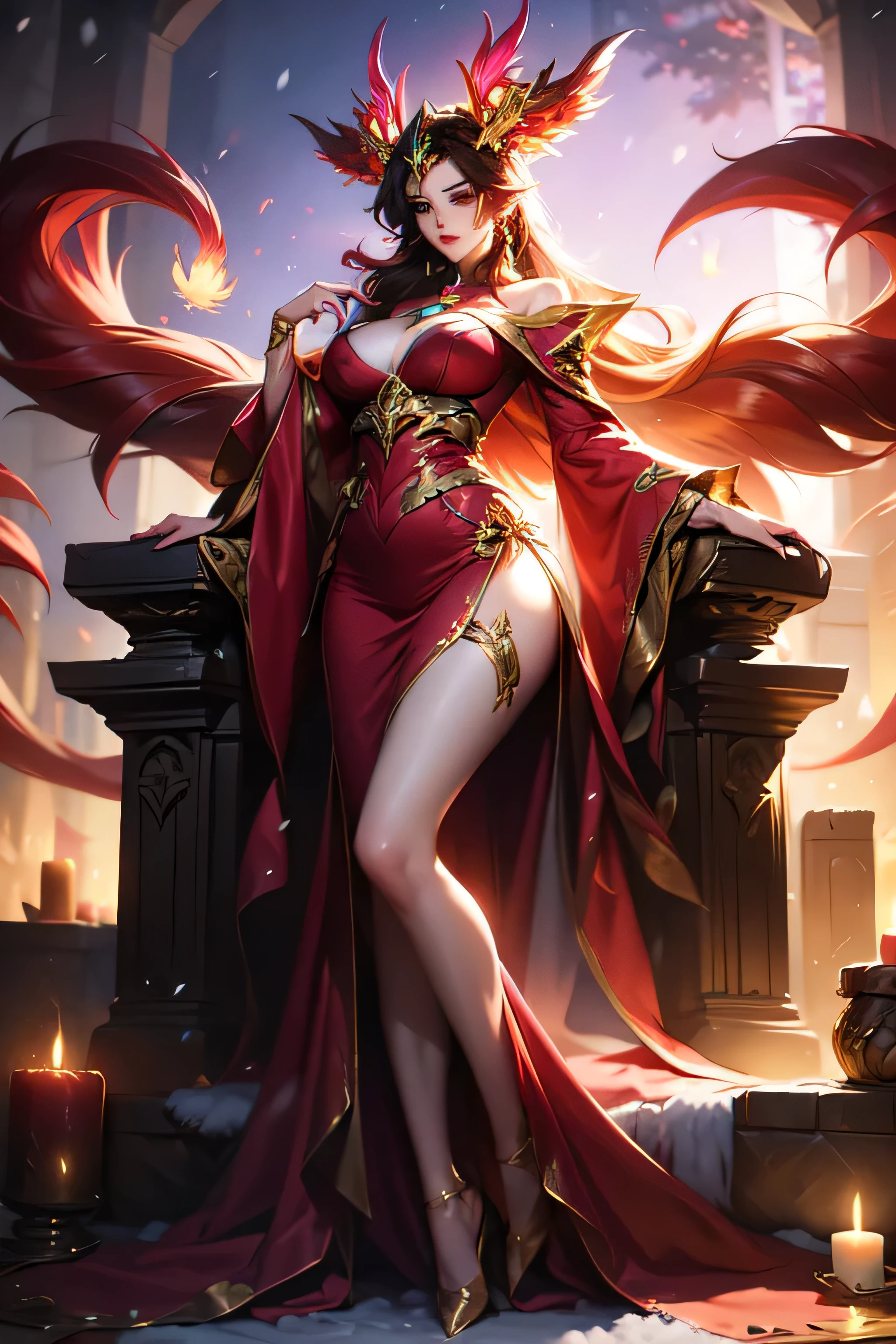 ((best quality)), ((masterpiece)), (detailed),full body anime picture of a masked mage , fire , hooded , sleeveless strapless outfit , gown , french gown , mask , pantyhose , leotard , mage , holding lantern , completely red clothing
