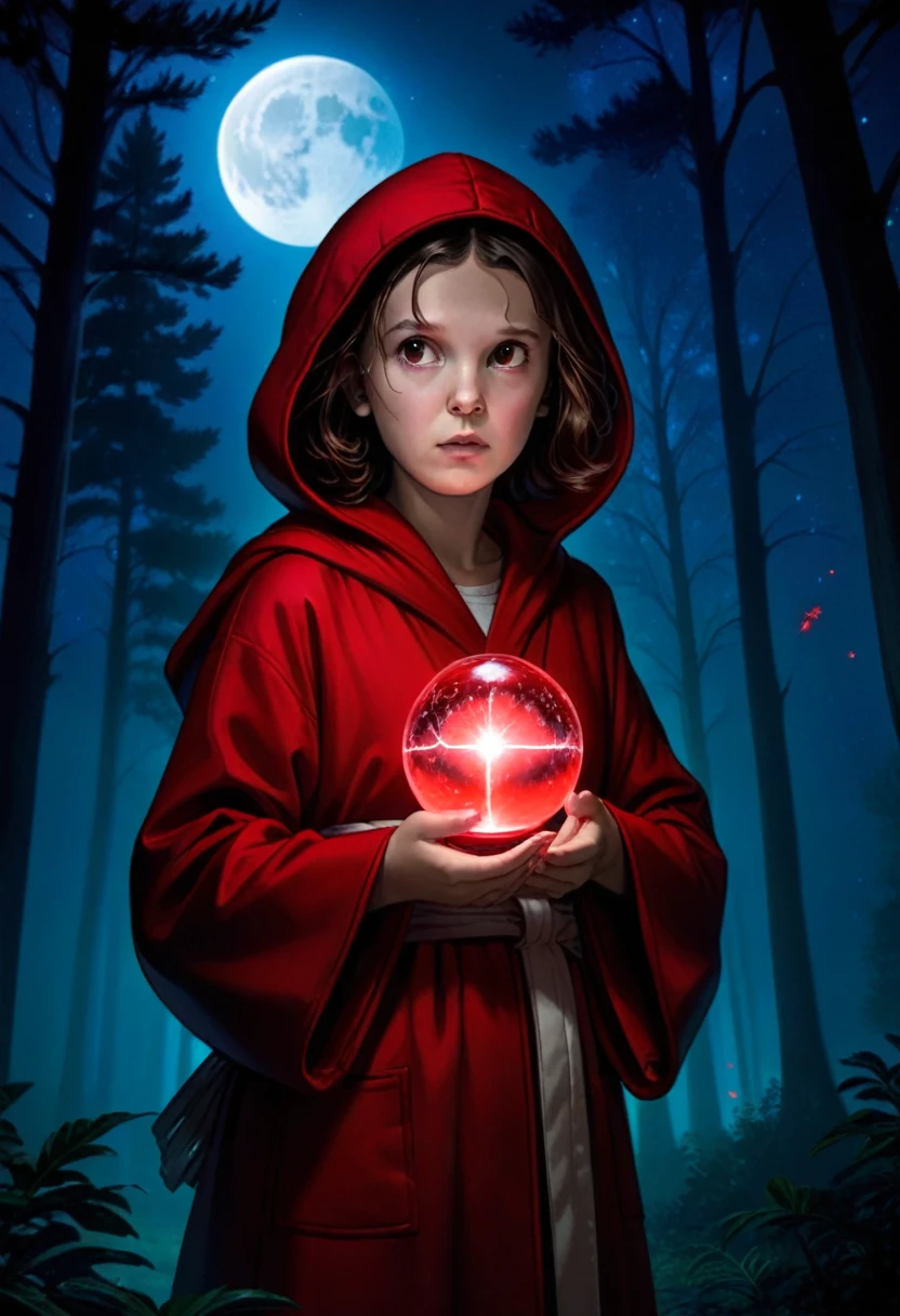 milli3 woman, millie bobby brown, 1 curious girl wearing red dark hooded silk robe and holding a magical plasma orb, netflix, stranger things, eleven, in dark forest with full moon lit sky, shadow figure lurking behind trees, front view