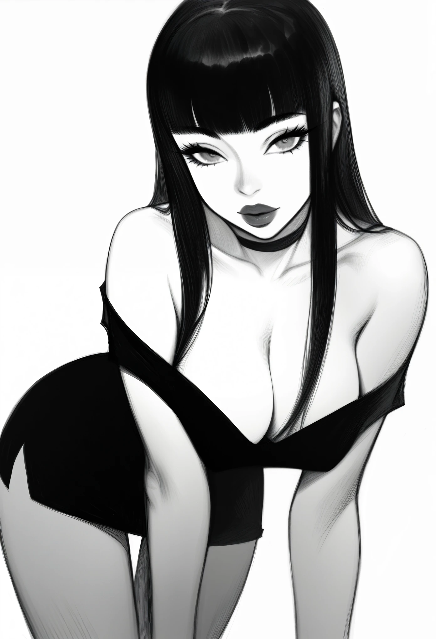 score_9, score_8_up, score_7_up, score_6_up, score_5_up, score_4_up, BREAK 1girl, monochrome, line art, no shading, coloring page, straight hair, grey eyes, thick lips, long eyelashes, half-closed eyes, black choker, blunt bangs, adult, black eyeliner,, looking at viewer, BREAK solo, bent over, large breasts, adult, skinny, thigh gap, black dress outfit, BREAK (white background:1.2), simple background, angled shot,