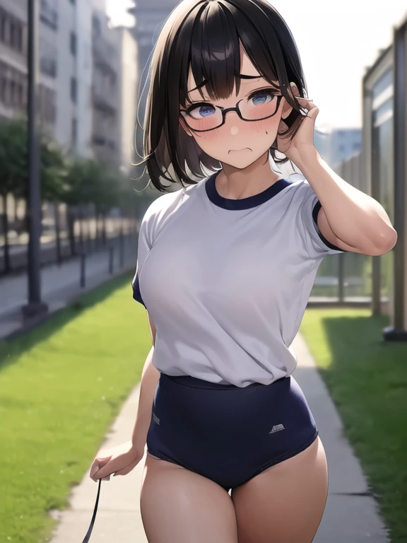 (masterpiece:1.2,Highest quality,Ultra-high resolution,Very detailed:1.2),(Best illustrations),8k,wallpaper,(Very ***********),(Young Japanese girl),Very short stature，Very thin thighs，Small Ass，Child body type，(Walking outside shyly:1.6),((Small white gym uniform for students)),((小さなネイビーブルーのBloomers)),break(Big Breasts:1.2),(Very thin thighs:1.2),(Beautiful Face,Detailed face，Baby Face，Glasses，Beautiful Eyes,Beautiful Eyes,Beautiful Skin,Skin Texture:1.3,Long eyelashes,Big eyes),(Sensual),(functional),(Embarrassed face:1.6),break(Japanese_Bloomers),(Cowboy Shot:1.6),(front:1.6),(The background is the city:1.6),(Blurred Background:1.6)，Bruises and gestures，Highly dynamic poses，