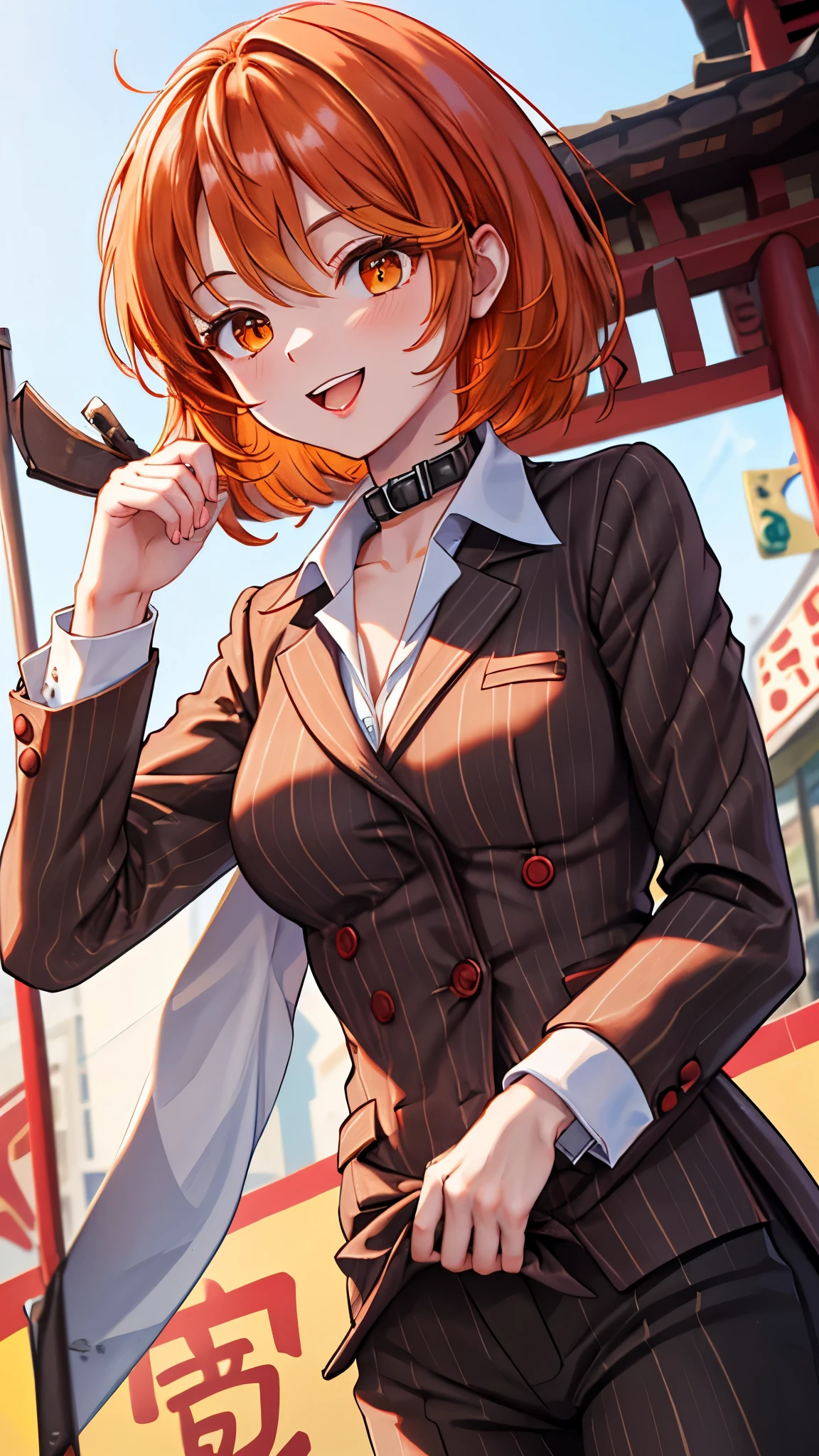 （（super high quality,））（（Ultra-high resolution,））（16K,）（super masterpiece,）（（Ultra HD ,））（Detailed shading,）Shooting from below,Upper body photo,One Woman,Short orange hair with bouncy tips,Black vertical striped suit and pants,A white shirt with a tight collar and the third button undone,The wind makes the collar stand up,Open your legs a little,Spread your hands,happy,Chinatown during the day,