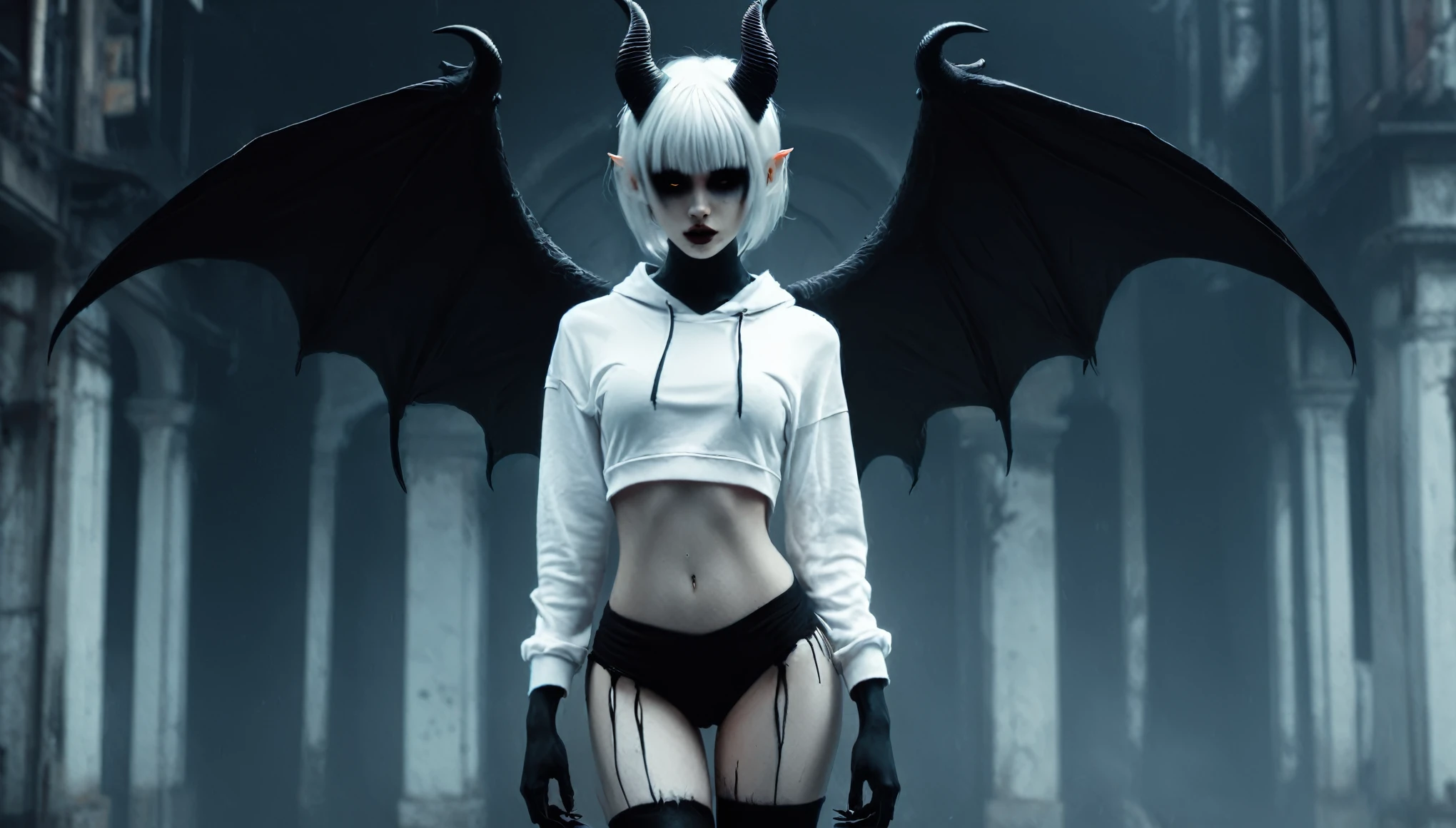 (Best Quality,hight resolution,Masterpiece, full body view:1.2),Ultra-detailed,demon woman with horns,dressed in black hoodie and white panties,sickly,standing in a horror sci fi scenario,horror sci fi aesthetic,gloomy ecstasy,fetish,dark gloomy atmosphere,gritty texture,Retro-atmosphere,warped reality,melancholic expression on his face,mysterious aura,foggy atmosphere,foggy background,Subtle color palette,provocative pose,Strong emotions,Coming Out of the Depths of Despair,Piercing gaze,intense shadows,Plunged in Darkness,dark industrial aesthetic,ominous vibe,A supernatural sensation,Loss of Place in Time and Space,Eerie silence.asymmetrical bangs, freckles, white short hair, Bangs, freckles, gray eyes,