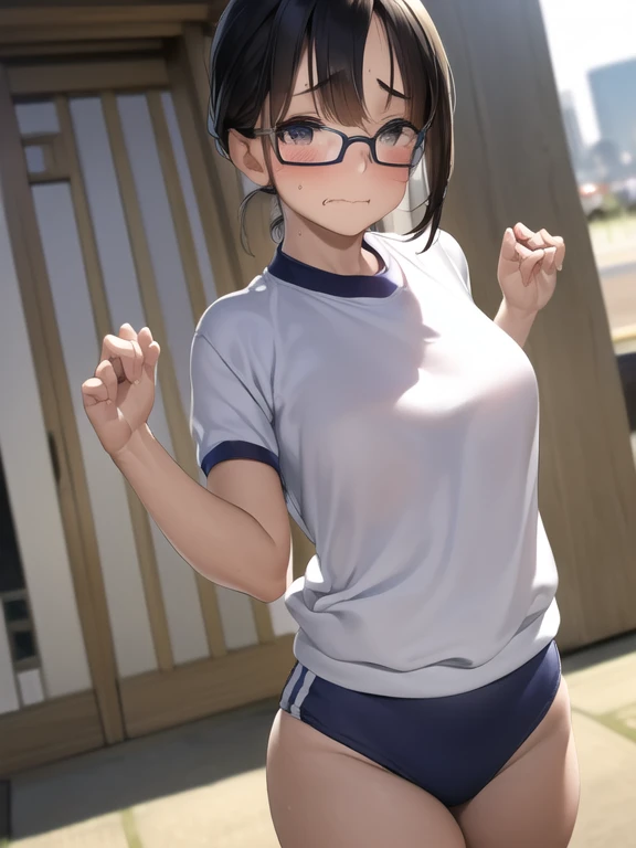 
(masterpiece:1.2,Highest quality,Ultra-high resolution,Very detailed:1.2),(Best illustrations),8k,wallpaper,(Very ***********),(Young Japanese girl),Very short stature，Very thin thighs，Small Ass，Child body type，(Walking outside shyly:1.6),((Small white gym uniform for students)),((小さなネイビーブルーのBloomers)),break(Swollen breasts:1.2),(Very thin thighs:1.2),(Beautiful Face,Detailed face，Baby Face，Glasses，Beautiful Eyes,Beautiful Eyes,Beautiful Skin,Skin Texture:1.3,Long eyelashes,Big eyes),(Sensual),(functional),(Embarrassed face:1.6),break(Japanese_Bloomers),(Cowboy Shot:1.6),(front:1.6),(The background is the city:1.6),(Blurred Background:1.6)，Bruises and gestures，Highly dynamic poses，