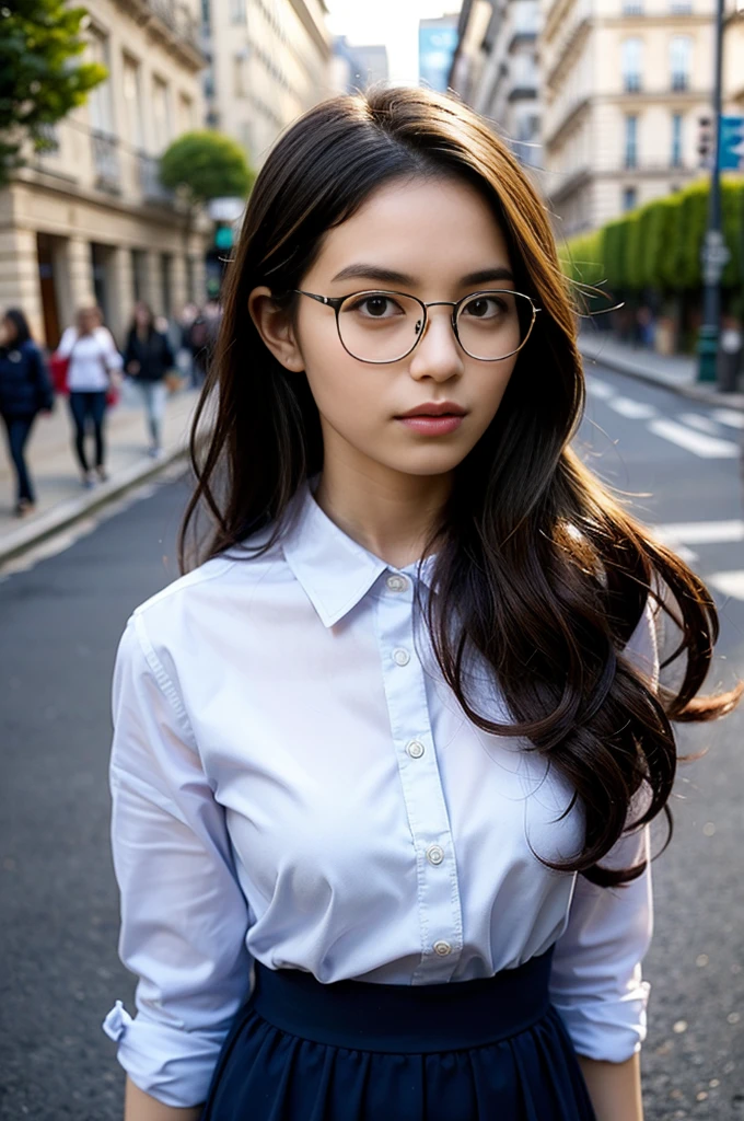 Photo of a beautiful woman standing on a street corner, (masterpiece:1.2, highest quality), (Realistic, photoRealistic:1.4), Beautiful illustrations, (Natural Side Lighting, Cinema Lighting), Written boundary depth, Beautiful thighs staring at the viewer, (((Face Focus, Upper Body))), 1 female, 30-year-old, alone, thin, slender, small breasts!!!, Loose curly hair, Bedhead, Forehead, thin, slender, (((glasses))), long sleeve T-shirt, Skinny skirt, Are standing, New York 25th Street, portrait
