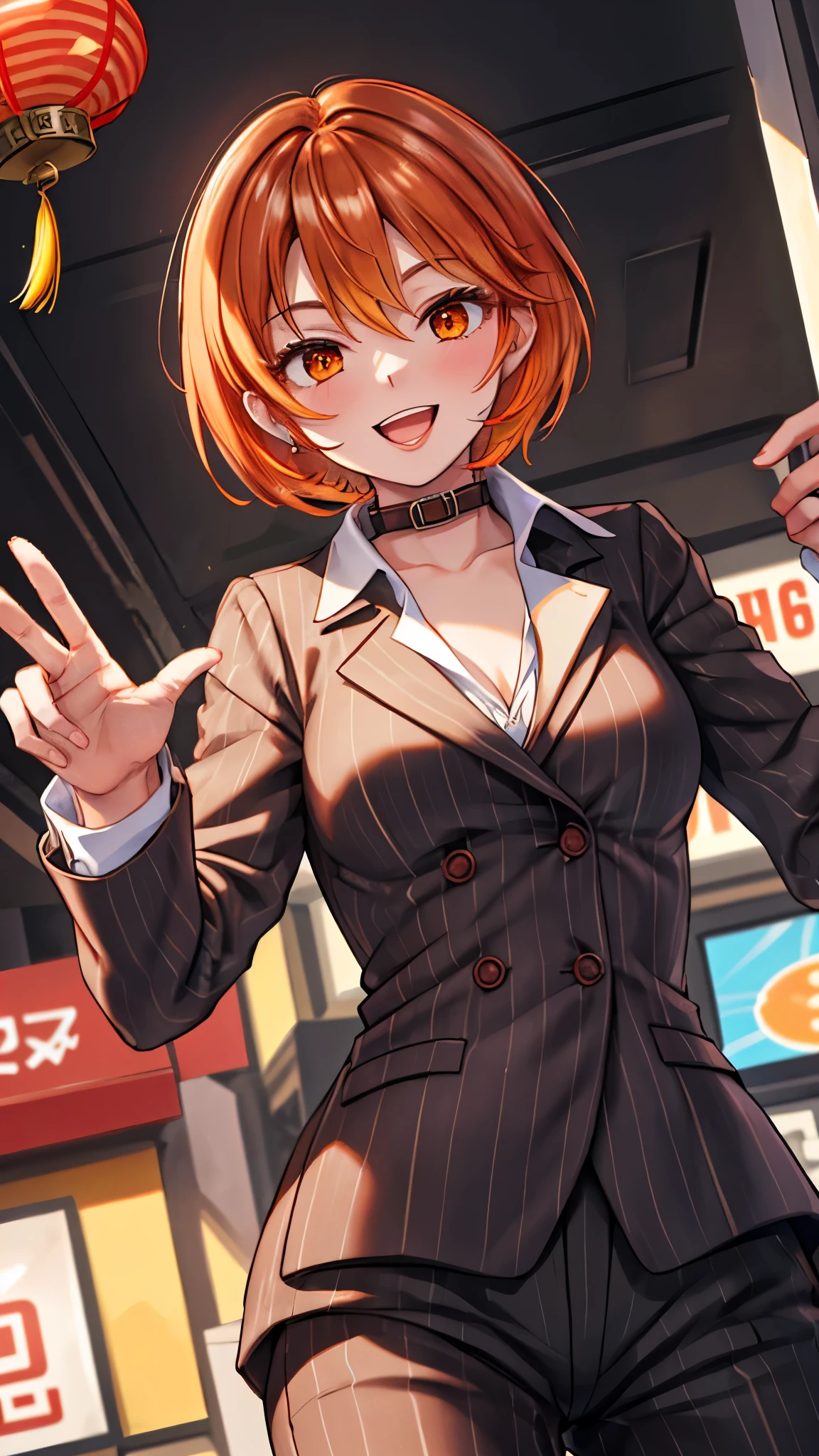 （（super high quality,））（（Ultra-high resolution,））（16K,）（super masterpiece,）（（Ultra HD ,））（Detailed shading,）Shooting from below,Upper body photo,One Woman,Short orange hair with bouncy tips,Black vertical striped suit and pants,A white shirt with a tight collar and the third button undone,Open your legs a little,Spread your hands,happy,Chinatown during the day,