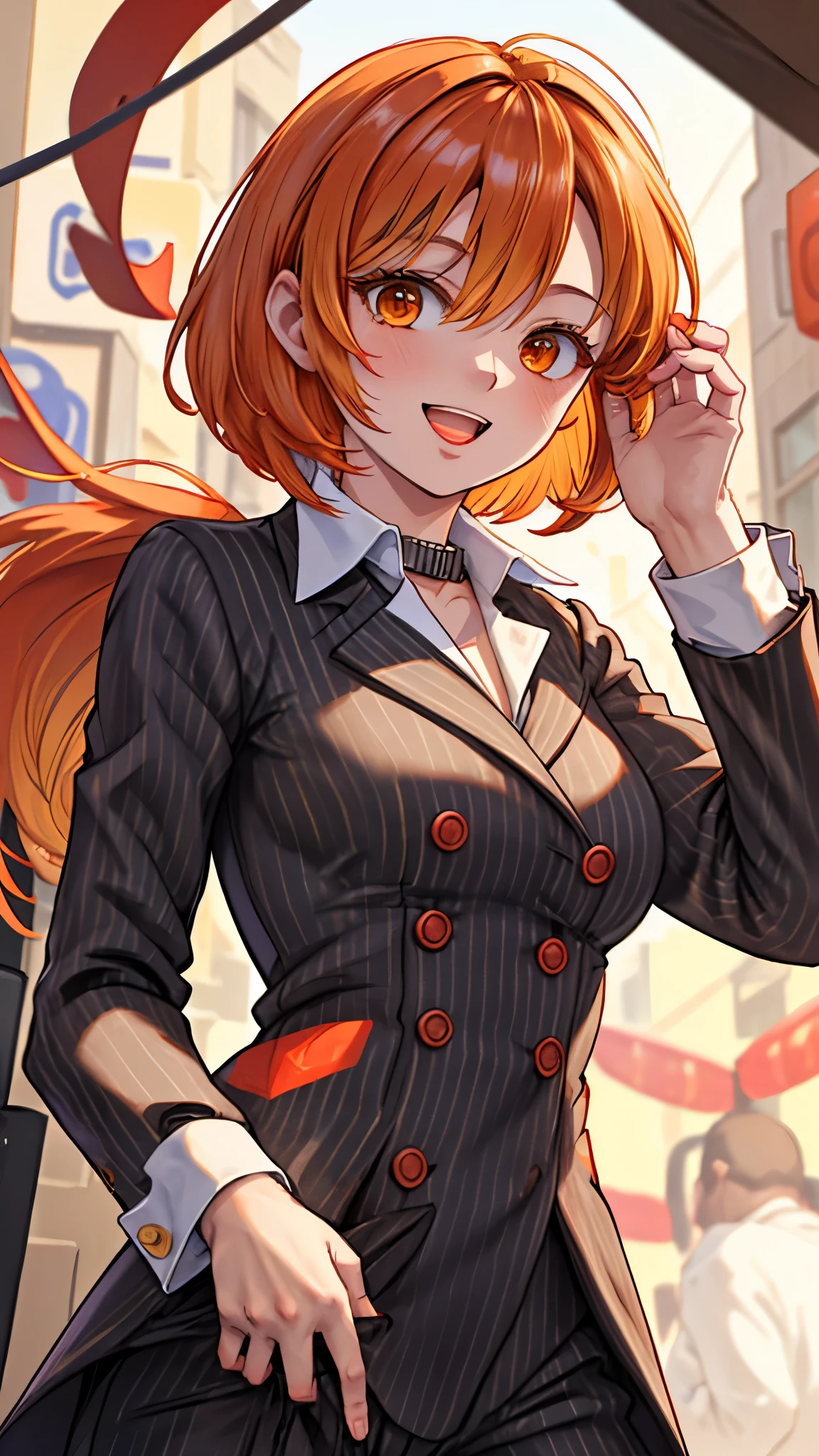 （（super high quality,））（（Ultra-high resolution,））（16K,）（super masterpiece,）（（Ultra HD ,））（Detailed shading,）Shooting from below,Upper body photo,One Woman,Short orange hair with bouncy tips,Black vertical striped suit and pants,A white shirt with a tight collar and the third button undone,Open your legs a little,Spread your hands,happy,Chinatown during the day,