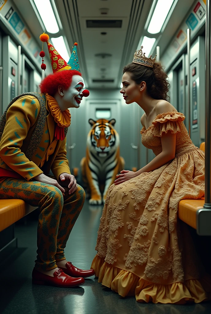 woman in clown makeup riding Japanese lion, 20s, moss growing on skin, disgusting, dirty