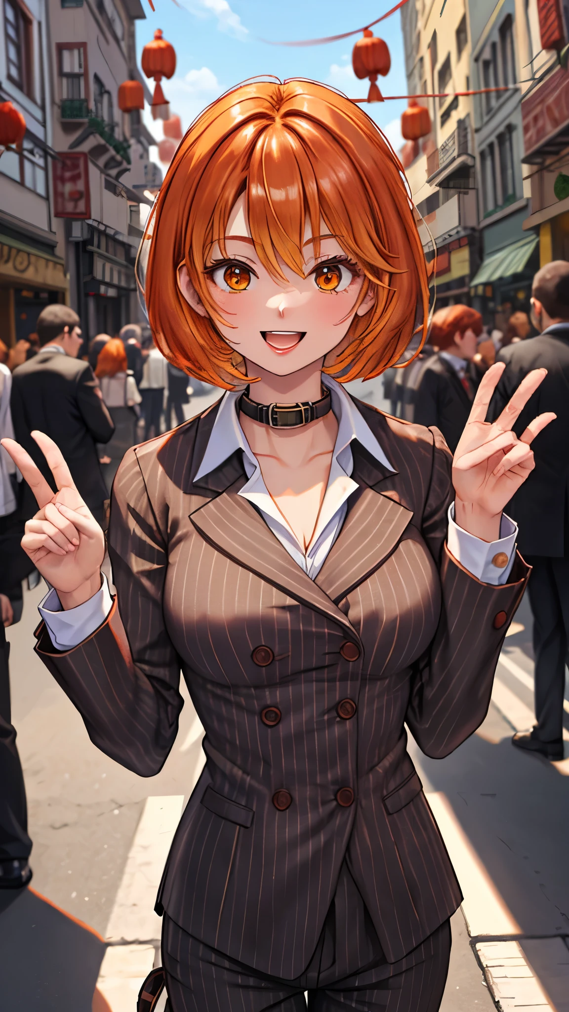 （（super high quality,））（（Ultra-high resolution,））（16K,）（super masterpiece,）（（Ultra HD ,））（Detailed shading,）Shooting from below,Upper body photo,One Woman,Short orange hair with bouncy tips,Black vertical striped suit and pants,A white shirt with a tight collar and the third button undone,Open your legs a little,Spread your hands,happy,Chinatown during the day,