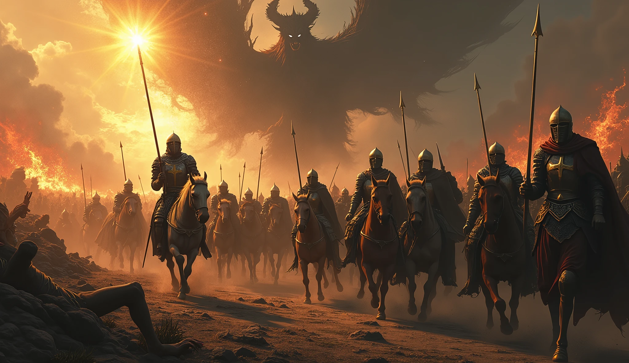 There were two men on horseback in the field, Hell background, Hellfire background, an ominous fantasy illustration, Hellscape, the final battle in hell, Anime epic artwork, Background: Battle scene, background artwork, concept piece, portal to hell, unlimited blade works, Burning battlefield background, background aerial battle, key art, epic digital painting, Mouth of hell