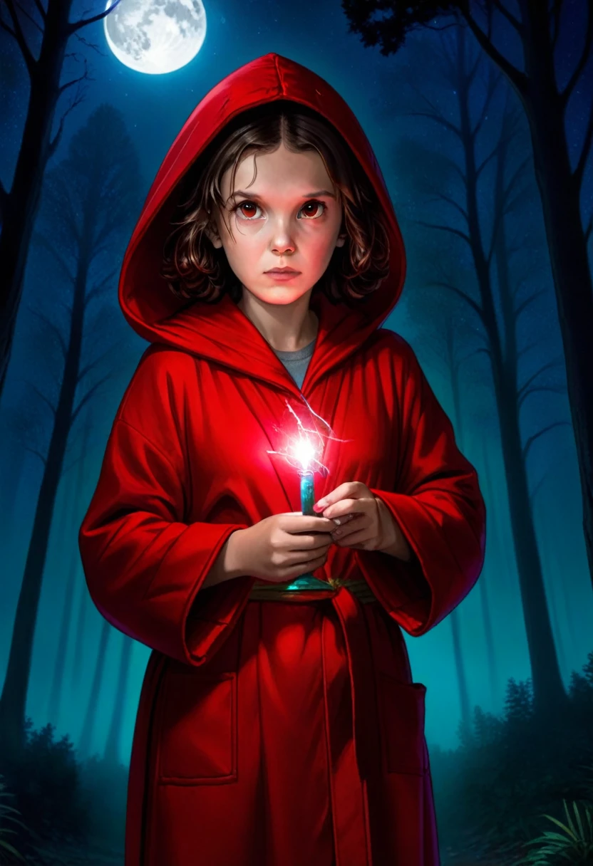 milli3 woman, millie bobby brown, 1 curious girl wearing red dark hooded silk robe and holding a magical plasma field in one hand, netflix, stranger things, eleven, in dark forest with full moon lit sky, shadow figure lurking behind trees, front view