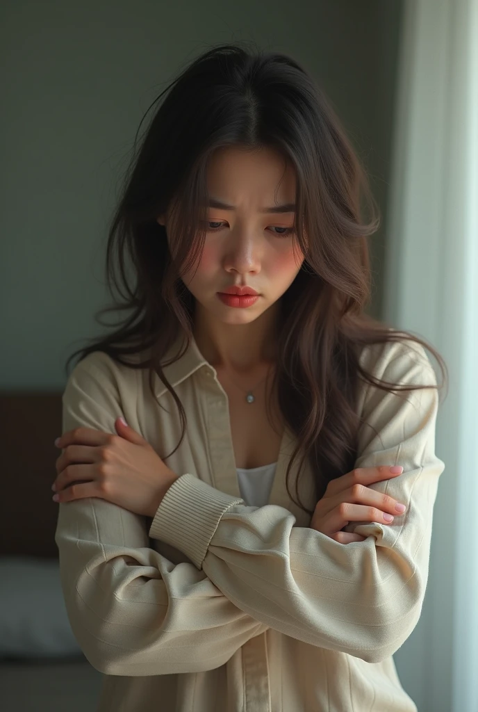 Create an Asian long-haired beauty，Wearing a long white turtleneck fitness shirt，Scratching the scalp with both hands，There is a lot of dandruff on the top of the head，White fine dandruff on the top of the head，The expression is unhappy，The characters are realistic and realistic，Gym background，9:16 frames，Ultra-high-definition picture quality