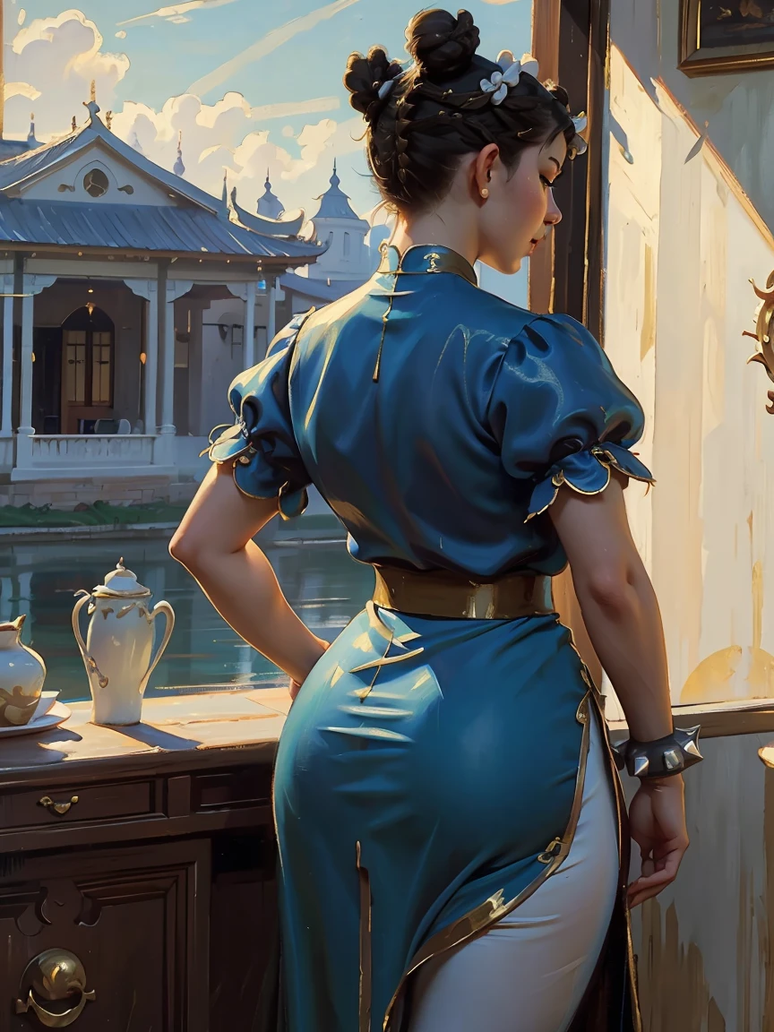 (AOC:1.1), (Oil painting:1.2), from behind, encorvado, Curved, Slightly Wide hips, thick thighs, (chun li:1.3), brown hair, ((Double bun hair:1.2, Bun cover:1.5)), lipstick, makeup, blue dress, Blue cheongsam with side slits, Blue footwear, brown pantyhose, chinese clothes, cross-laced footwear, gold trim, pelvic curtain, short sleeves, puffy sleeves, sash, spiked bracelet, Afternoon at the Summer Resort, From inside the hotel, by sargent, ((masterpiece, best quality, high resolution))