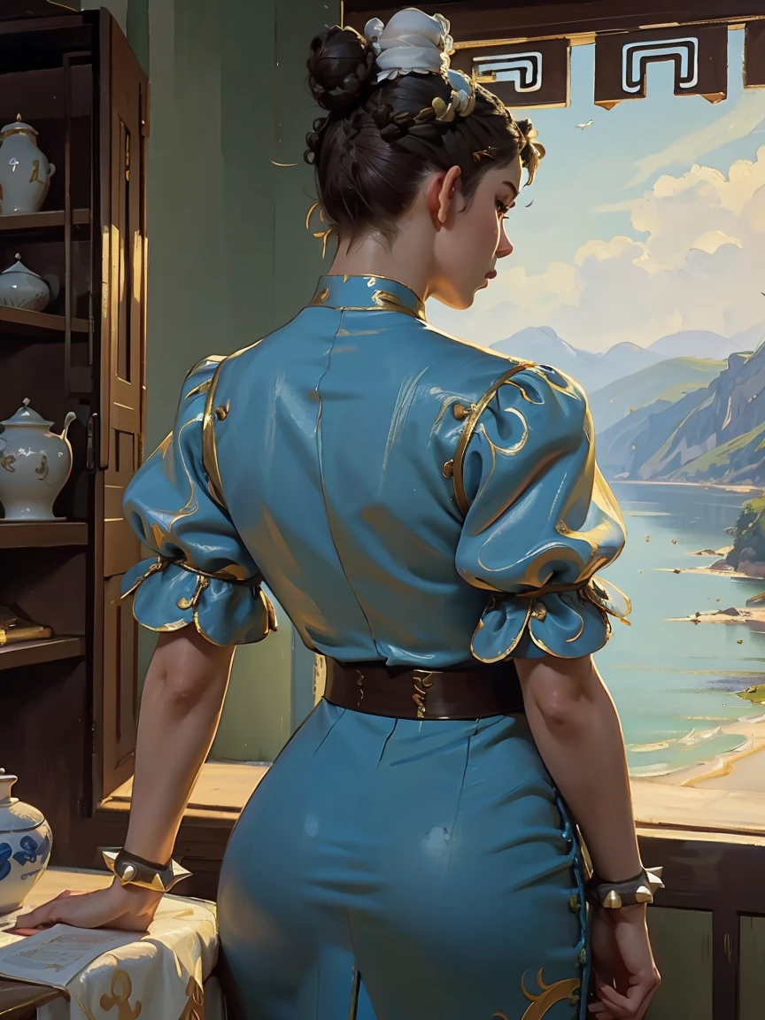 (AOC:1.1), (Oil painting:1.2), from behind, encorvado, Curved, Slightly Wide hips, thick thighs, (chun li:1.3), brown hair, ((Double bun hair:1.2, Bun cover:1.5)), lipstick, makeup, blue dress, Blue cheongsam with side slits, Blue footwear, brown pantyhose, chinese clothes, cross-laced footwear, gold trim, pelvic curtain, short sleeves, puffy sleeves, sash, spiked bracelet, Afternoon at the Summer Resort, From inside the hotel, by sargent, ((masterpiece, best quality, high resolution))