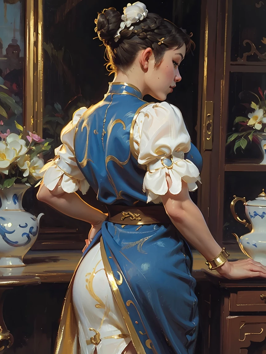 (AOC:1.1), bragas, from behind, encorvado, Caderas anchas, muslos gruesos, Oil painting, by sargent, caught pose, completely nakedtom naked, brieil, arms tied with rope behind back, pussy exposed