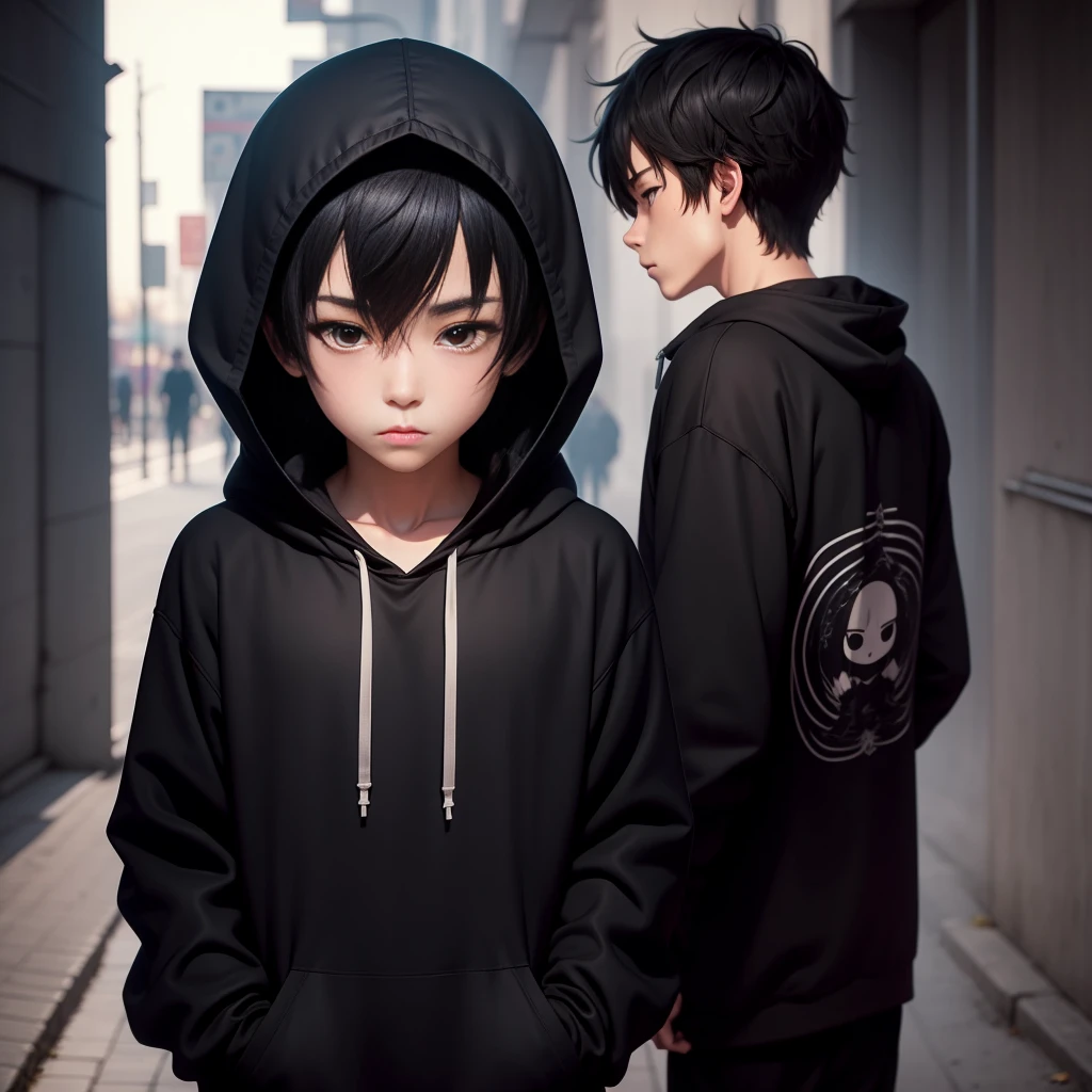 Anime boy in black sweatshirt Hood in black sweatshirt black hair Black eyes Black full wrap mask Hands in pockets Detailed portrait of anime boy