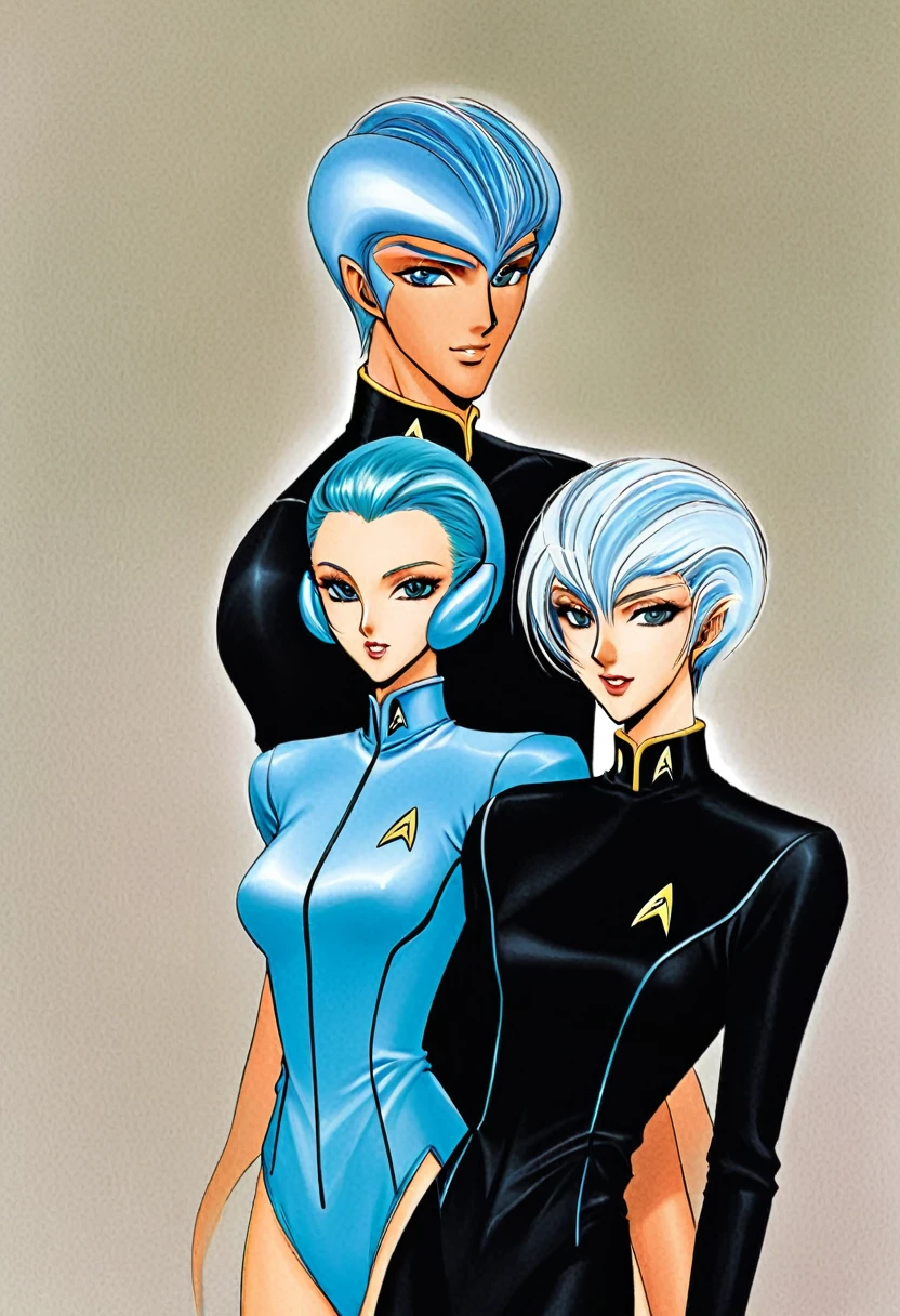 light ice blue colored Star trek  Andorian couples  with  blue stalk anteena on their heads  males femalesHumanoid nearhuman looks features modellike versions of themshort withe fethery har short bobbed like cuts