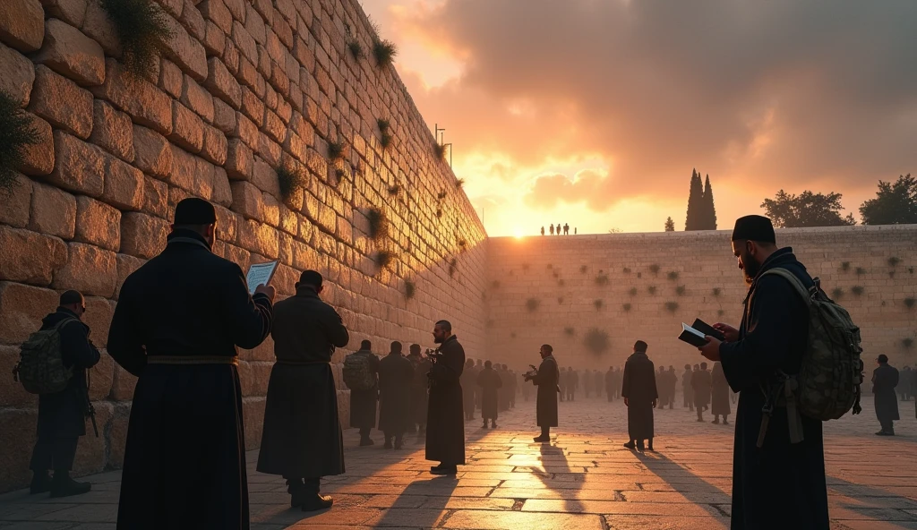John preaching to a crowd, Around a crowd of people, city of Jerusalem in the background, sun sunset